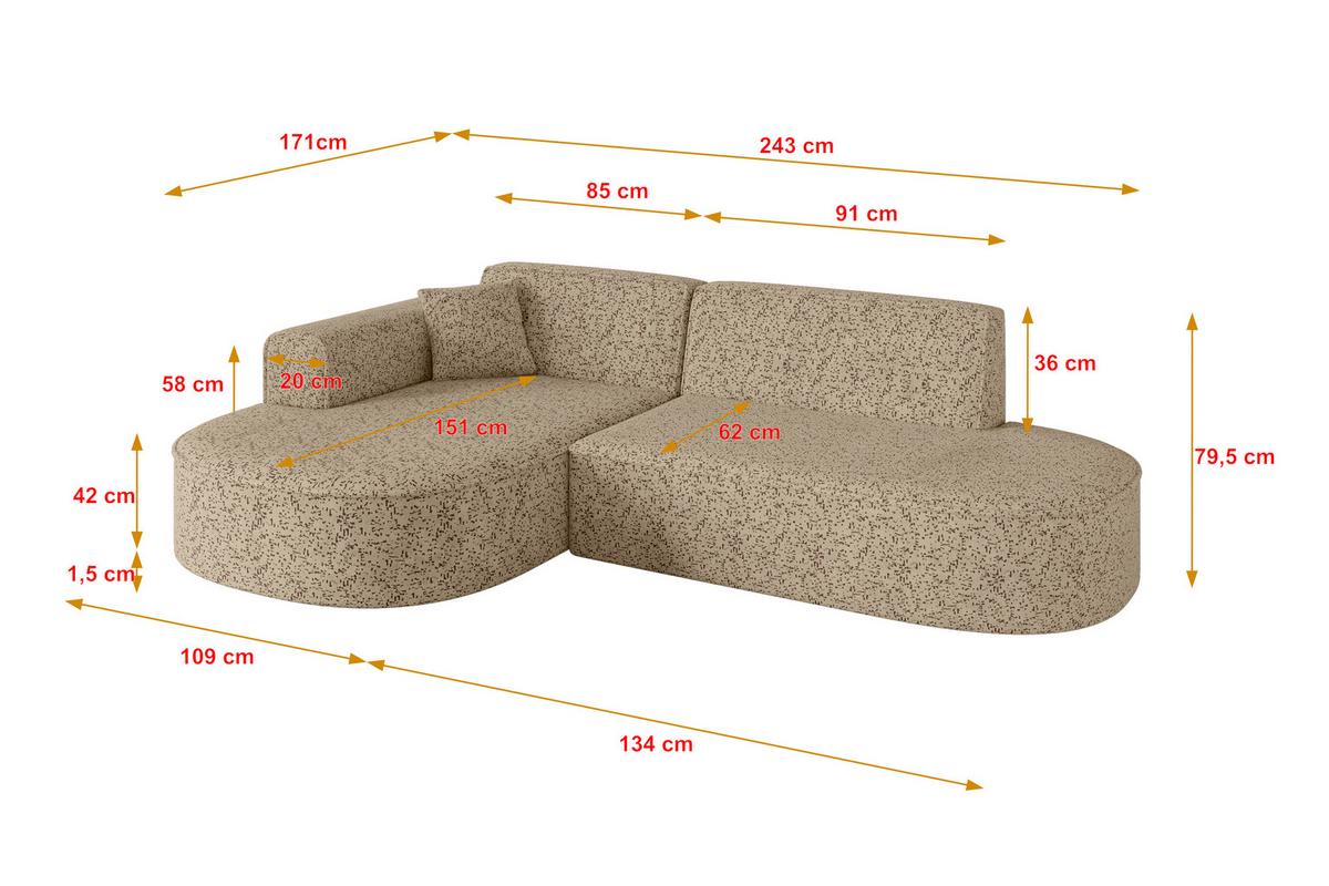 ECKSOFA Ottomane Links MARI-L1 - 243x171x79 cm Braun Tissu - Schwarz/Braun, Holzwerkstoff/Kunststoff (243/171cm) - ALTDECOR