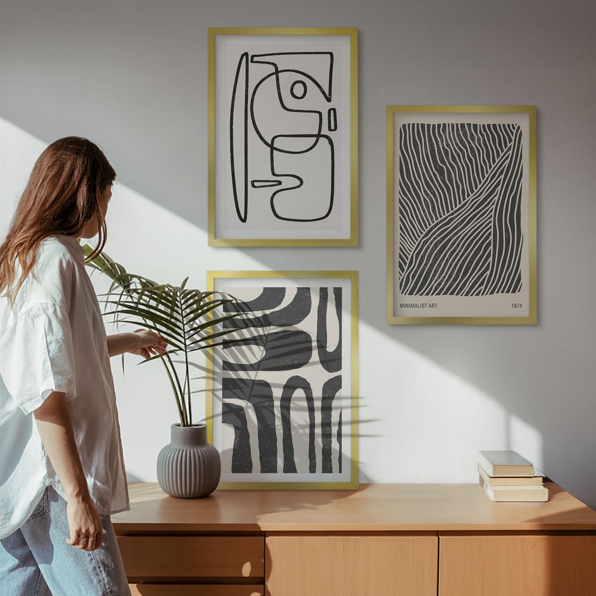 BILDER SET 3er Set - 40x60 cm Goldrahmen - Abstrakte Muster, Linien, Texturen - Goldfarben, Kunststoff (40/60cm) - TULUP