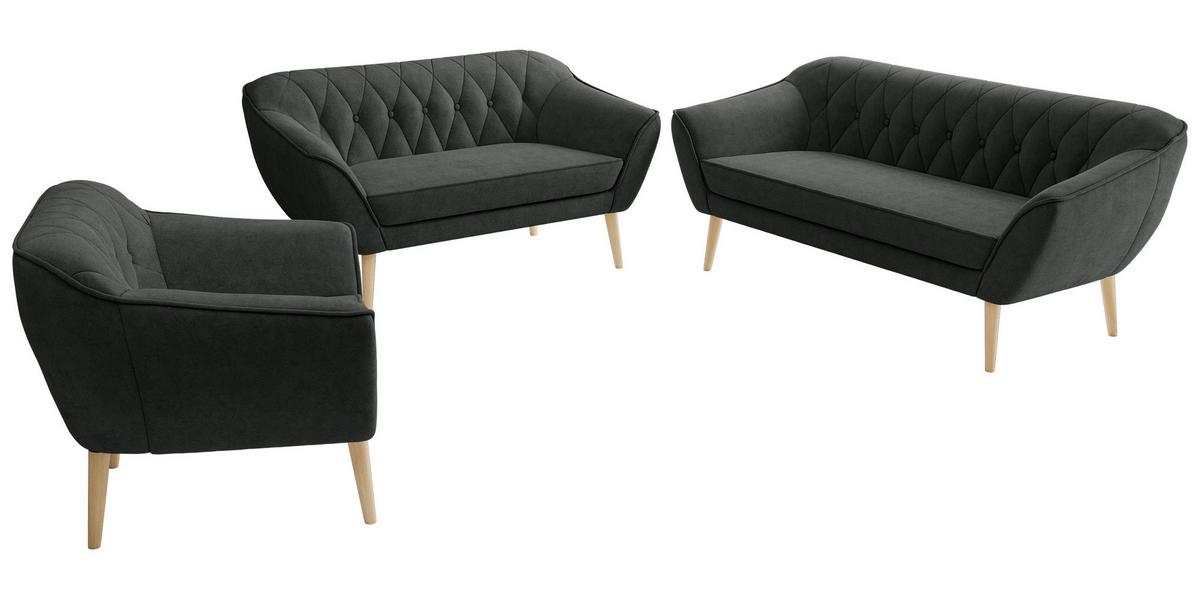SITZGARNITUR PIRS 3+2+1 - Dunkelgrau Strukture - Holzbeine - Dunkelgrau/Buchefarben, Holzwerkstoff/Textil (180/75/74cm) - MKS