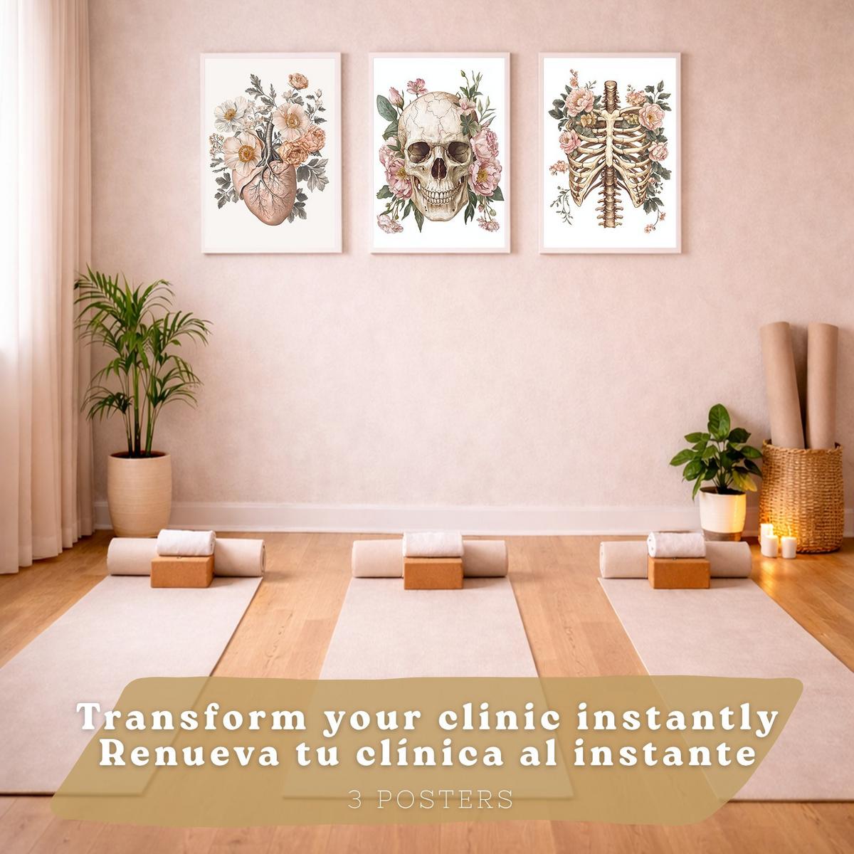 POSTER Set aus 3 Anatomie Mensch Florale Drucke und Wandbilder mit Herz Schädel und Brustkorb Weicher Vintage Stil Größe Weißer Rahmen A3 - Weiß, Papier (29.7/42/3cm) - Nacnic