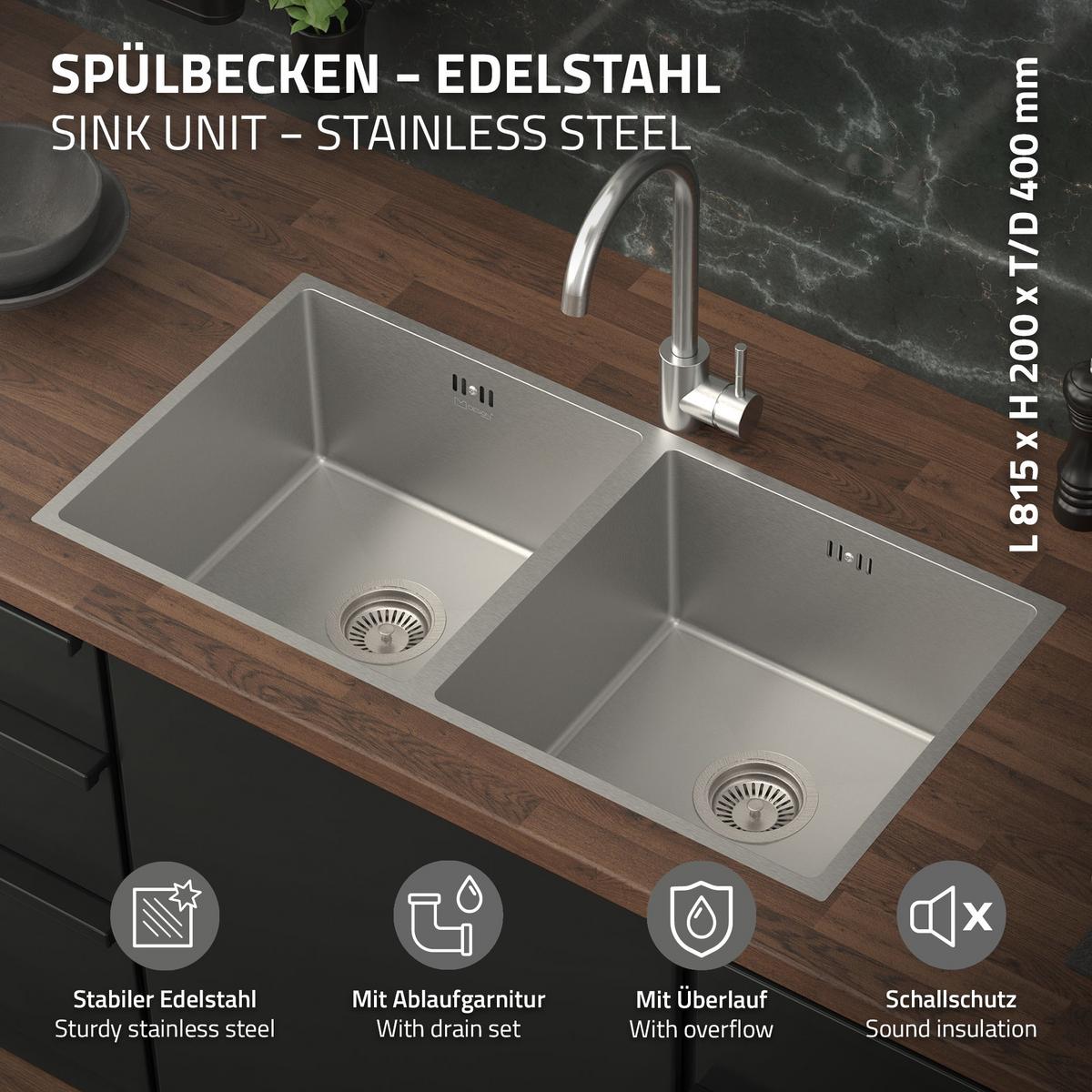 DOPPEL-SPÜLBECKEN aus Edelstahl 81,5x40 cm mit Siphon - Silberfarben, Metall (81.5/20/40cm) - ML-DESIGN