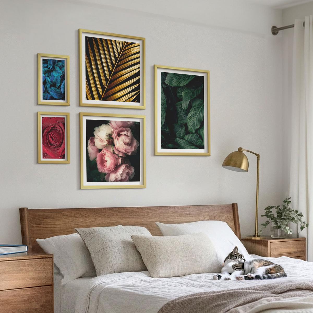 BILDER SET 5er Set - 50x50 cm & 20x30 cm & 40x60 cm Goldrahmen - Abstrakte schwarze Muster - Goldfarben, Kunststoff (40/60cm) - TULUP
