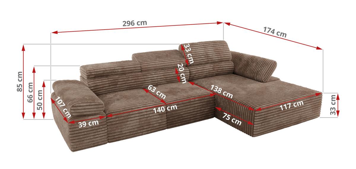 ECKSOFA RILASSO L Braun Cord - rechts - Schwarz/Braun, Kunststoff/Textil (174/296cm) - MKS