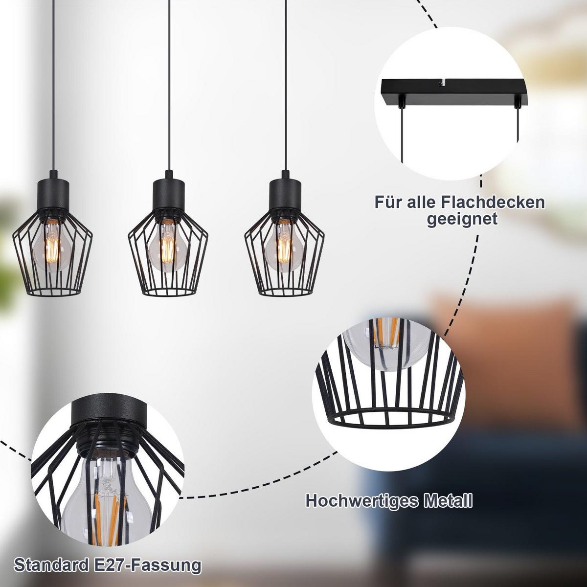 PENDELLEUCHTE Ziel 3-flammig 50/12/150 cm - Schwarz, Metall (50/12/150cm) - Nettlife