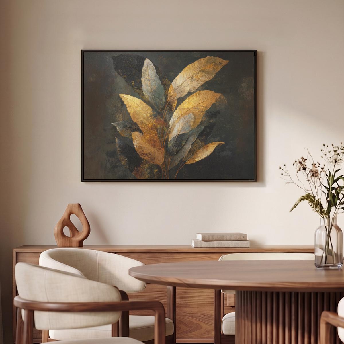 LEINWAND Bilder mit Rahmen - Golden Leaf Komposition - Botanical Luxury - 70x50 - Goldfarben, Textil (70/50cm) - MuchoWow