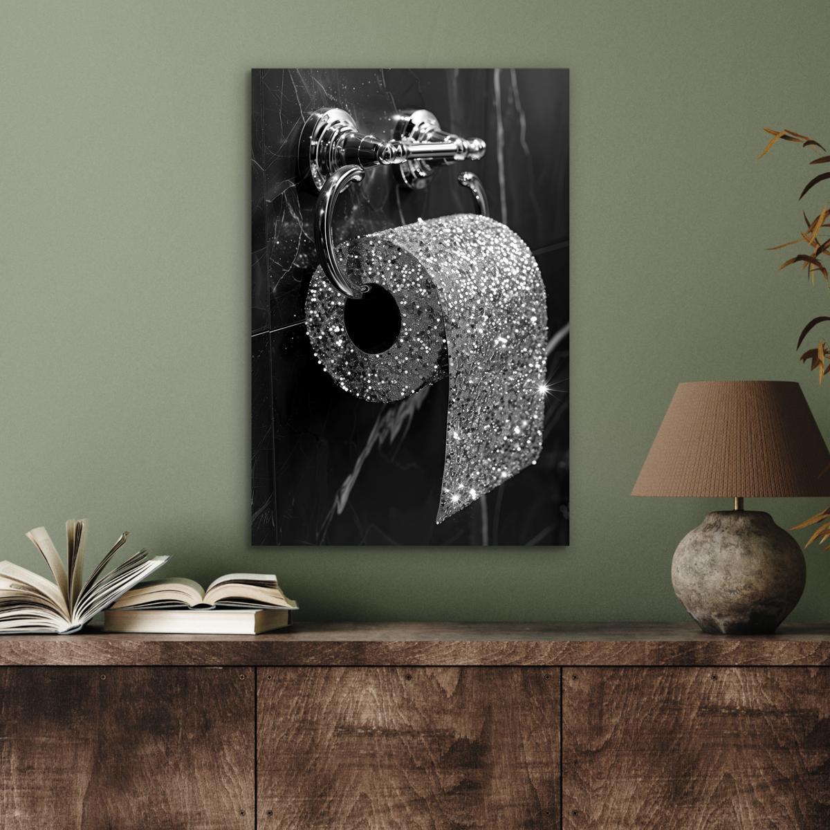 METALLBILD WC - Toilettenpapier - Schwarz und weiß - Glitter Deko Schlafzimmer 40x60 cm - Silberfarben, Metall (40/60cm) - MuchoWow