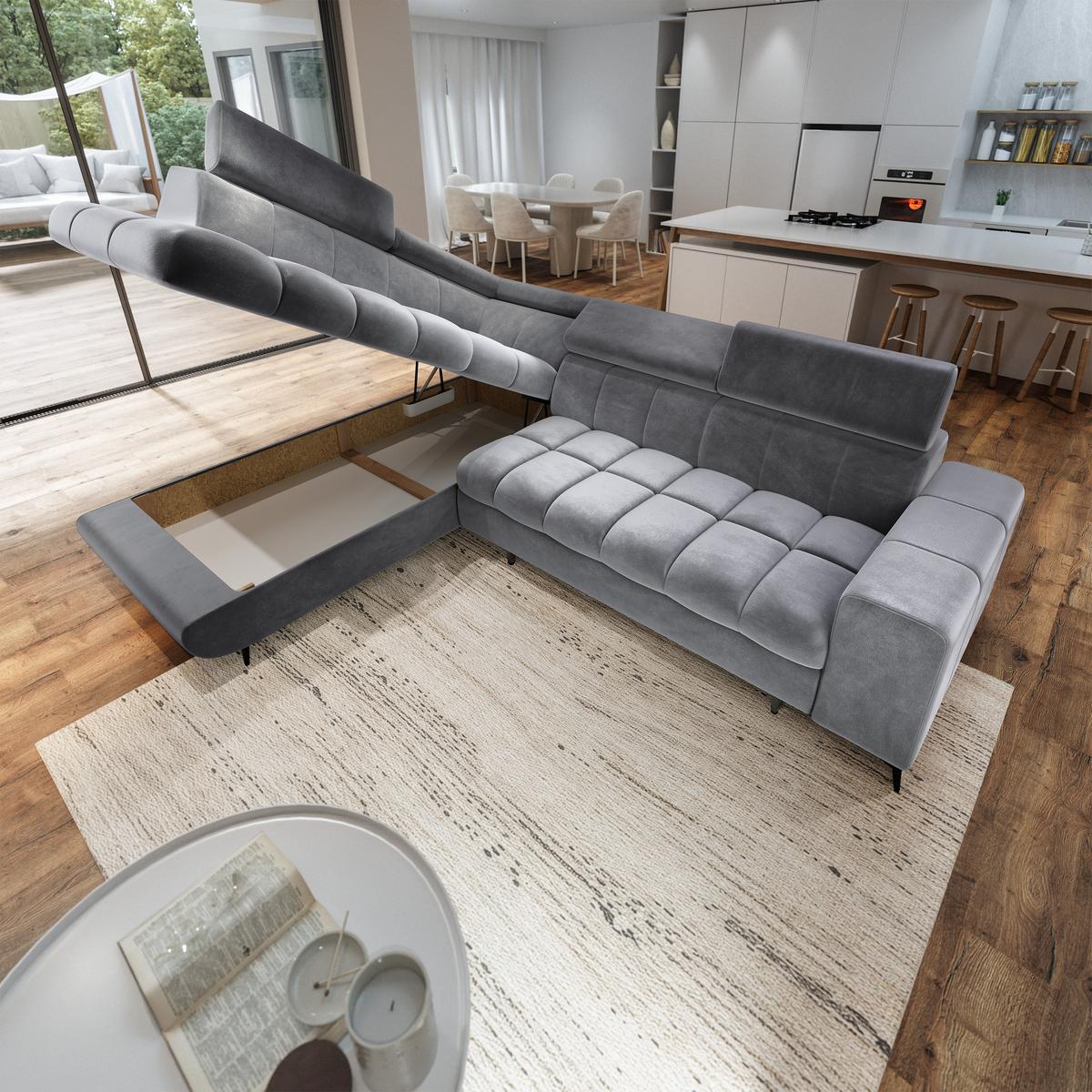 ECKSOFA MORIVA L-S Hellgrau Velours-Stoff mit Schlaffunktion - Hellgrau, Holz (253/190cm) - MASSENO