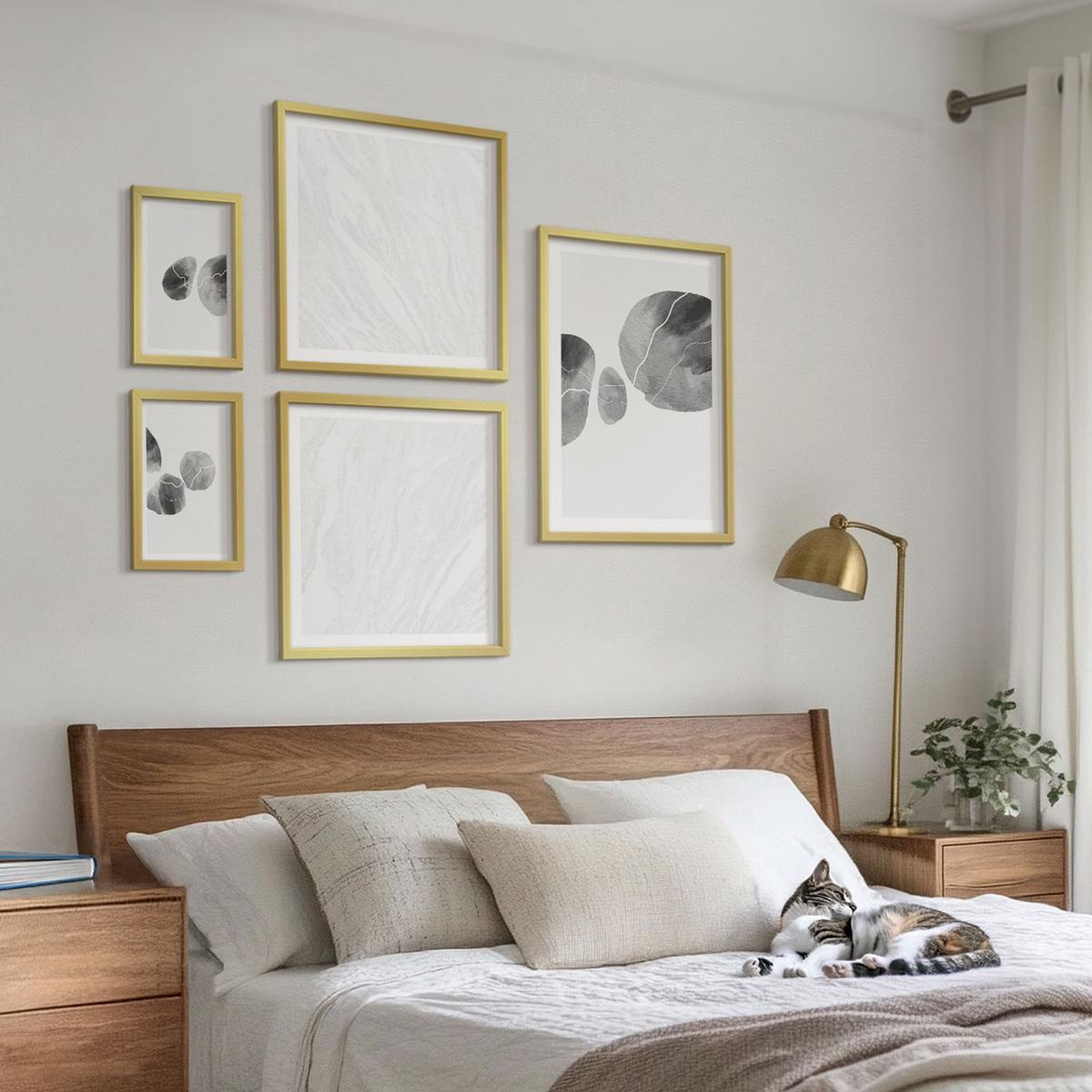 BILDER SET 5er Set - 50x50 cm & 20x30 cm & 40x60 cm Goldrahmen - Abstrakte Kunst, Farbspritzer - Goldfarben, Kunststoff (40/60cm) - TULUP