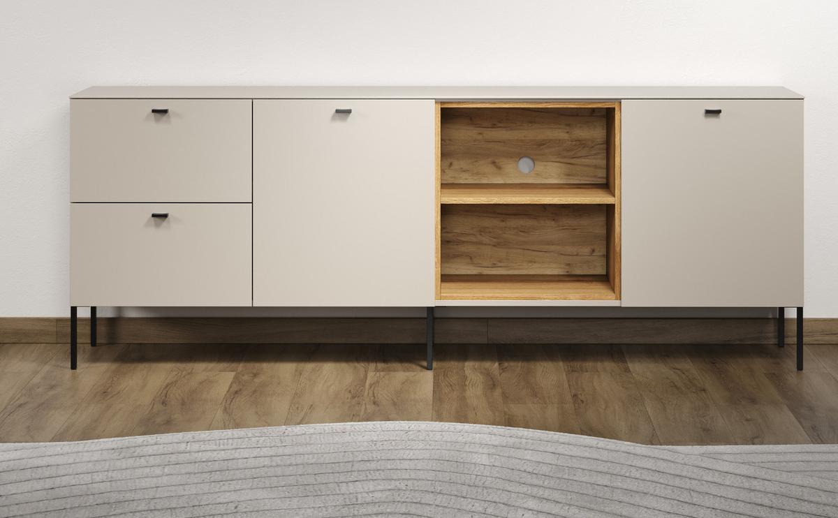 SIDEBOARD Kaschmir, Eiche 200 cm, Kommode mit Soft-Close - Kaschmir/Schwarz, Holzwerkstoff/Metall (200/75/40cm) - Top.Furn