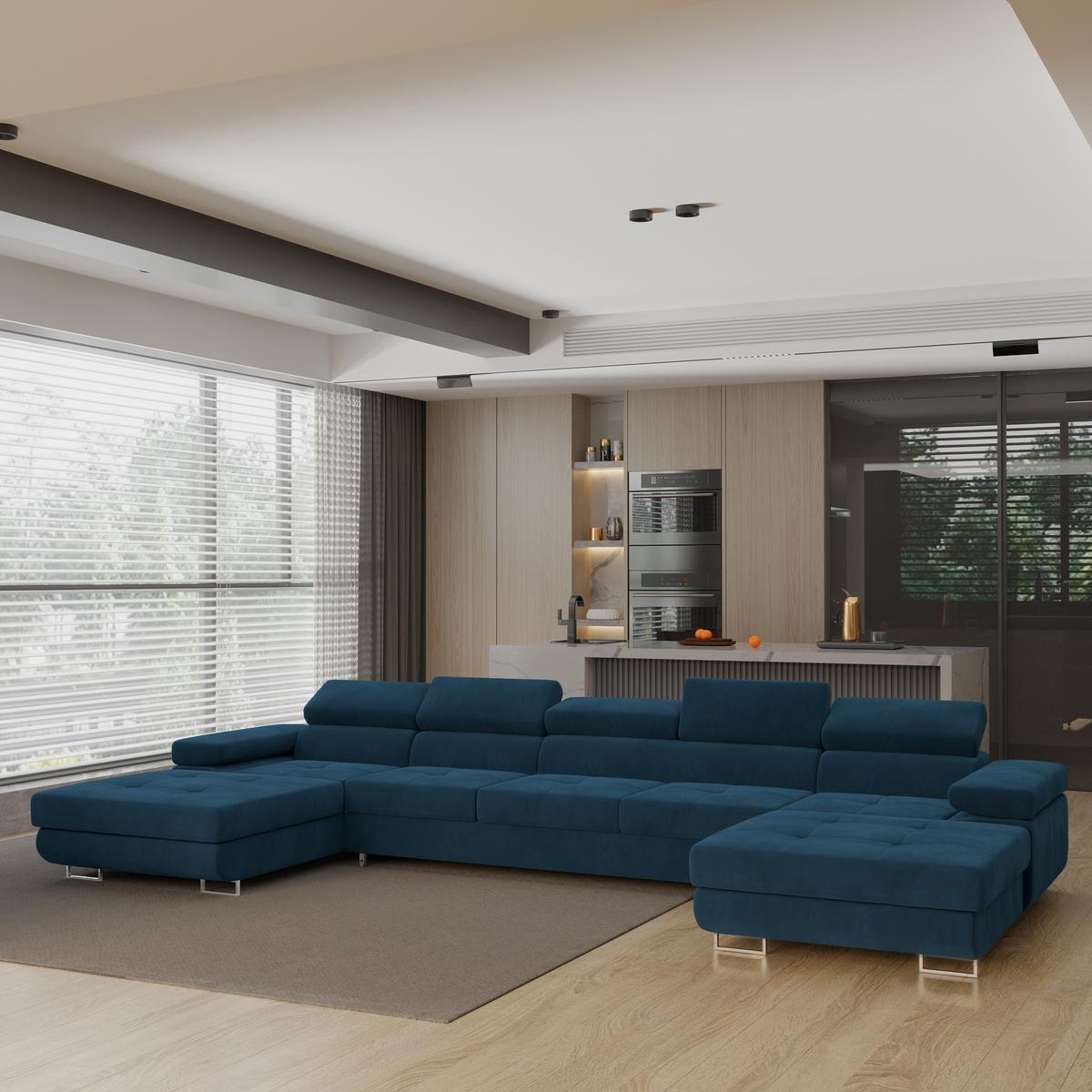 WOHNLANDSCHAFT OMBRA Blau Velours-Stoff mit Schlaffunktion - Blau, Holz (425/90/202cm) - MASSENO