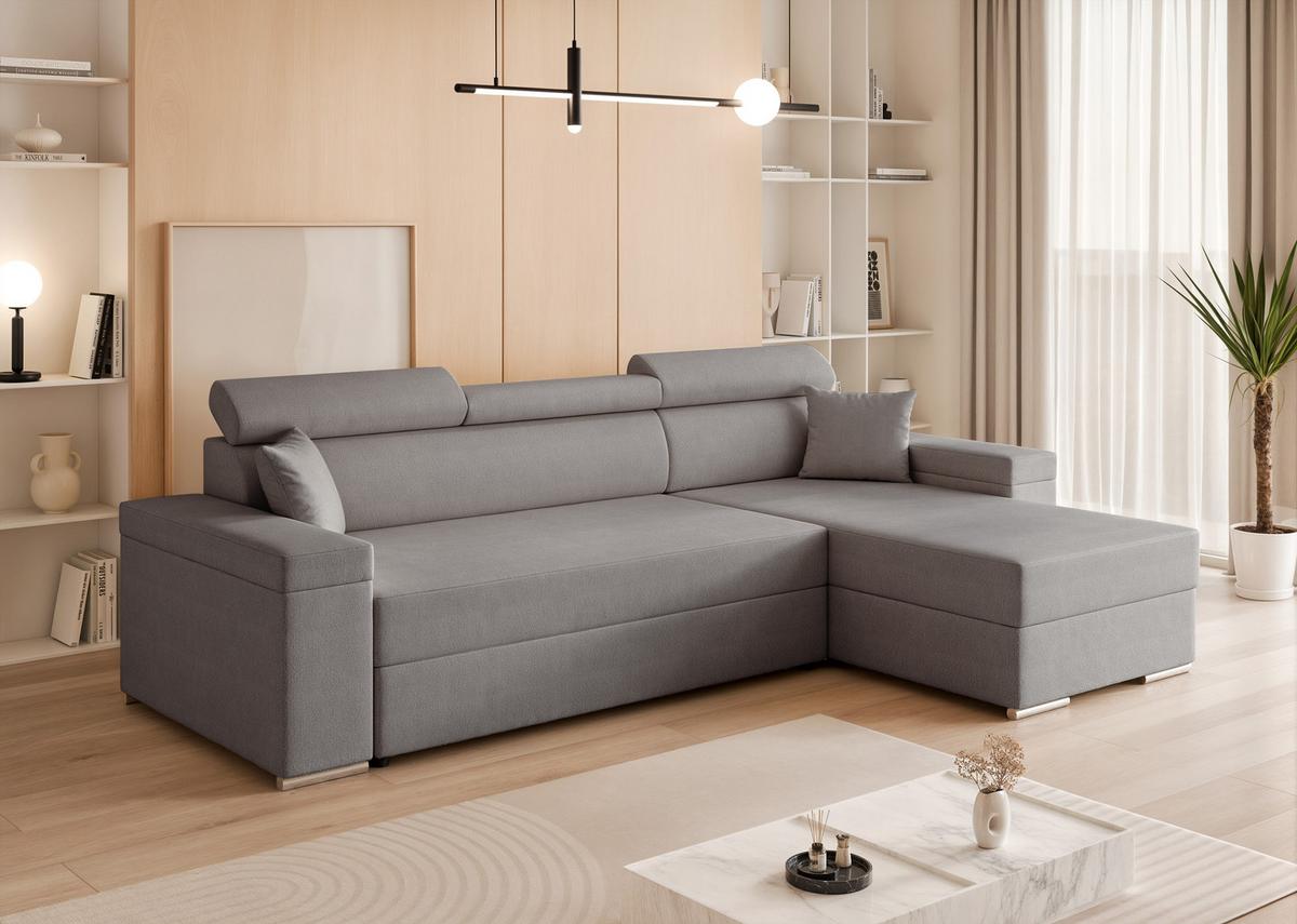 ECKSOFA AISHA Rechts mit Schlaffunktion und Bettkasten Grau - Chromfarben/Grau, Kunststoff/Textil (250/130cm) - Idohome
