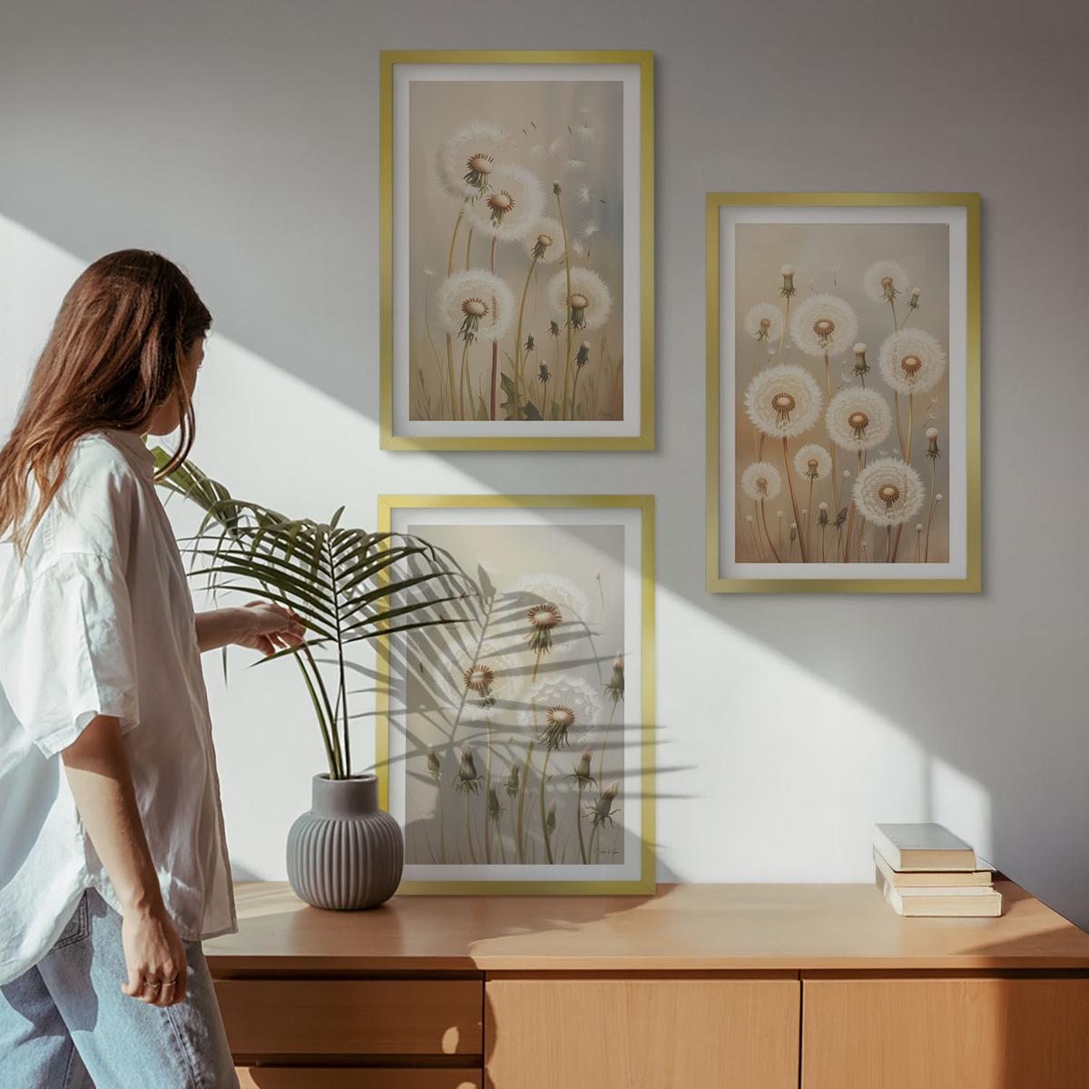BILDER SET 3er Set - 40x60 cm Goldrahmen - Weiße Löwenzahnblüten auf hellem Hintergrund - Goldfarben, Kunststoff (40/60cm) - TULUP