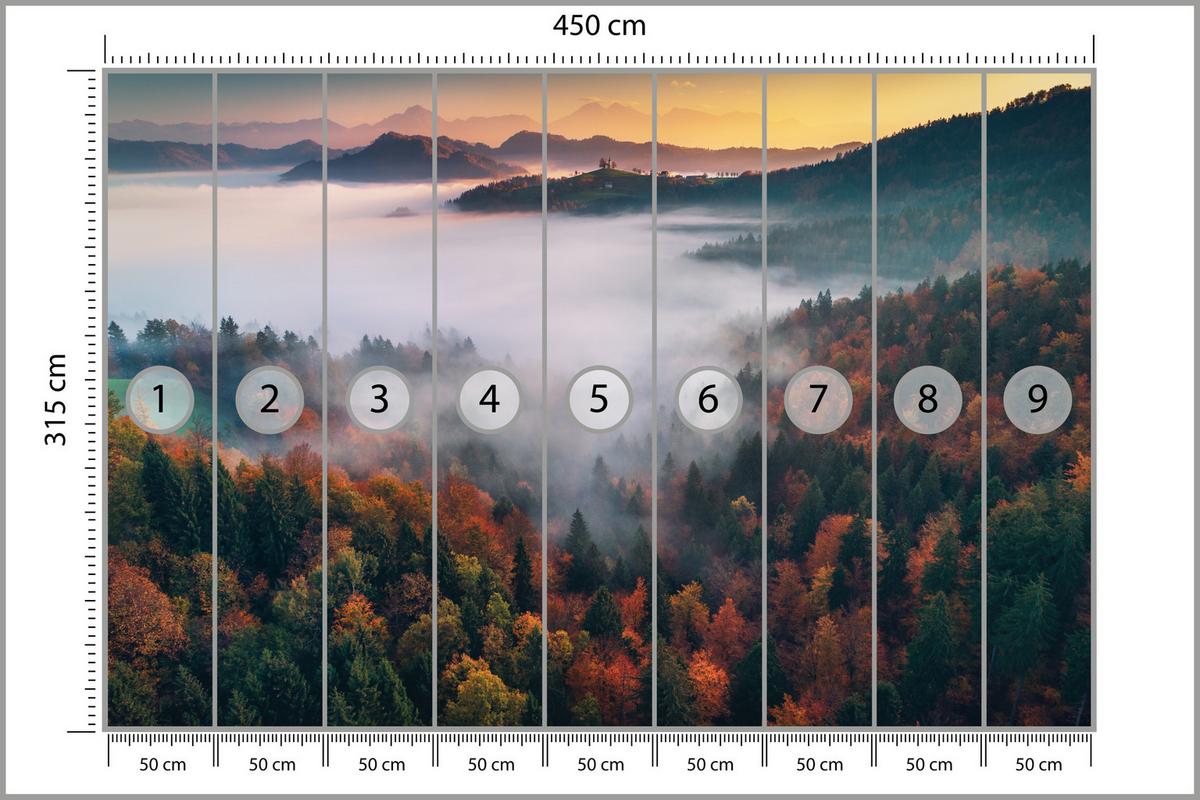 FOTOTAPETE für Wohnzimmer Nebelwald Sonnenuntergang Berge Bäume 450x315 - Beige/Rot, Papier (450/315cm) - Muralo