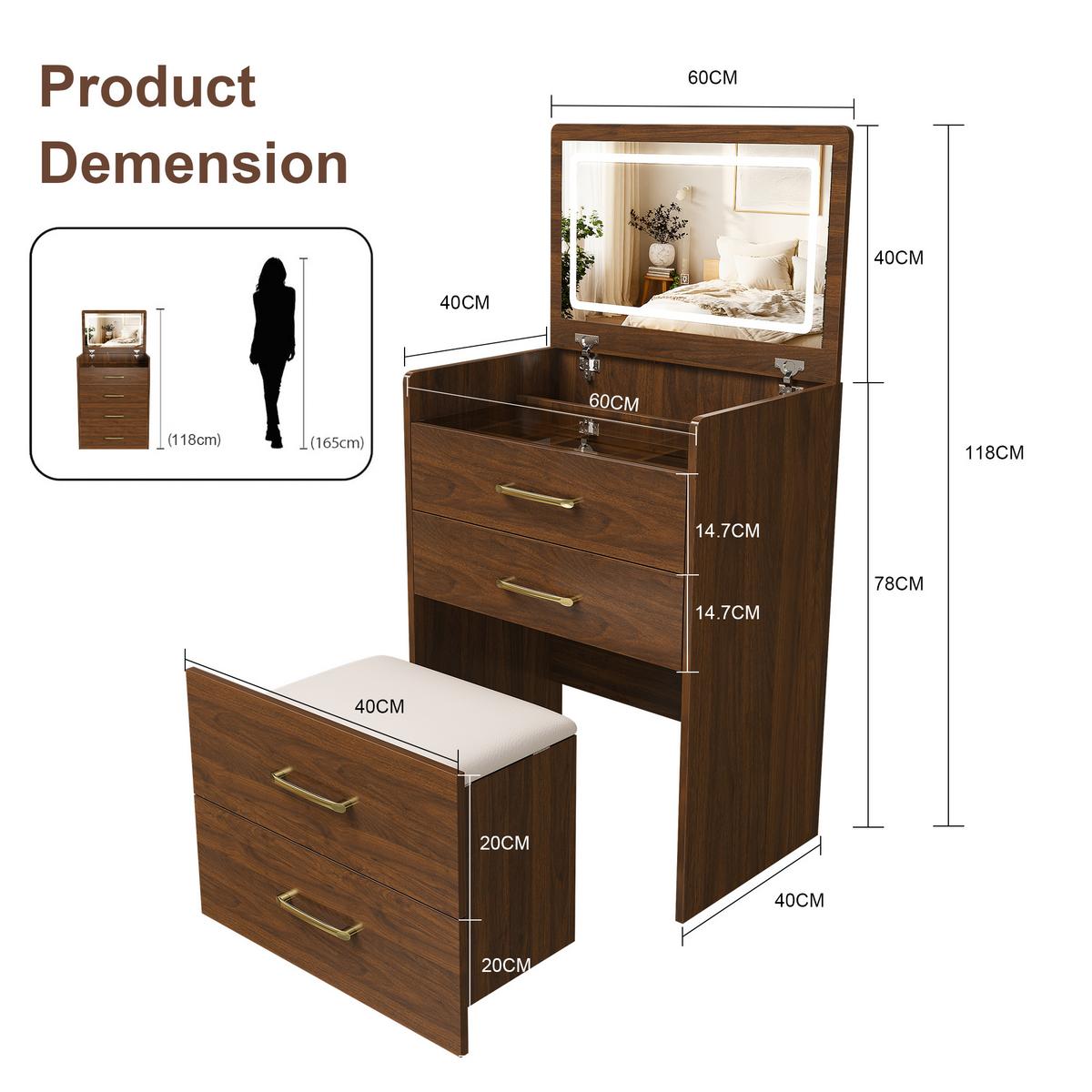 SCHMINKTISCH 3-in-1 Set Walnuss-Optik & Glas mit LED-Klappspiegel & Hocker - Walnussfarben, Holzwerkstoff (60/118/40cm) - Urban Meuble