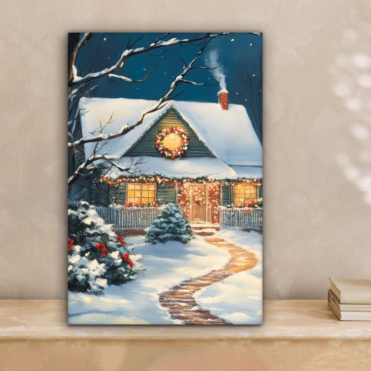LEINWANDBILD Weihnachten - Weihnachtsbaum - Winter - Zuhause - Schnee Deko Wohnzimmer 20x30 cm - Smaragdgrün, Textil (20/30cm) - MuchoWow