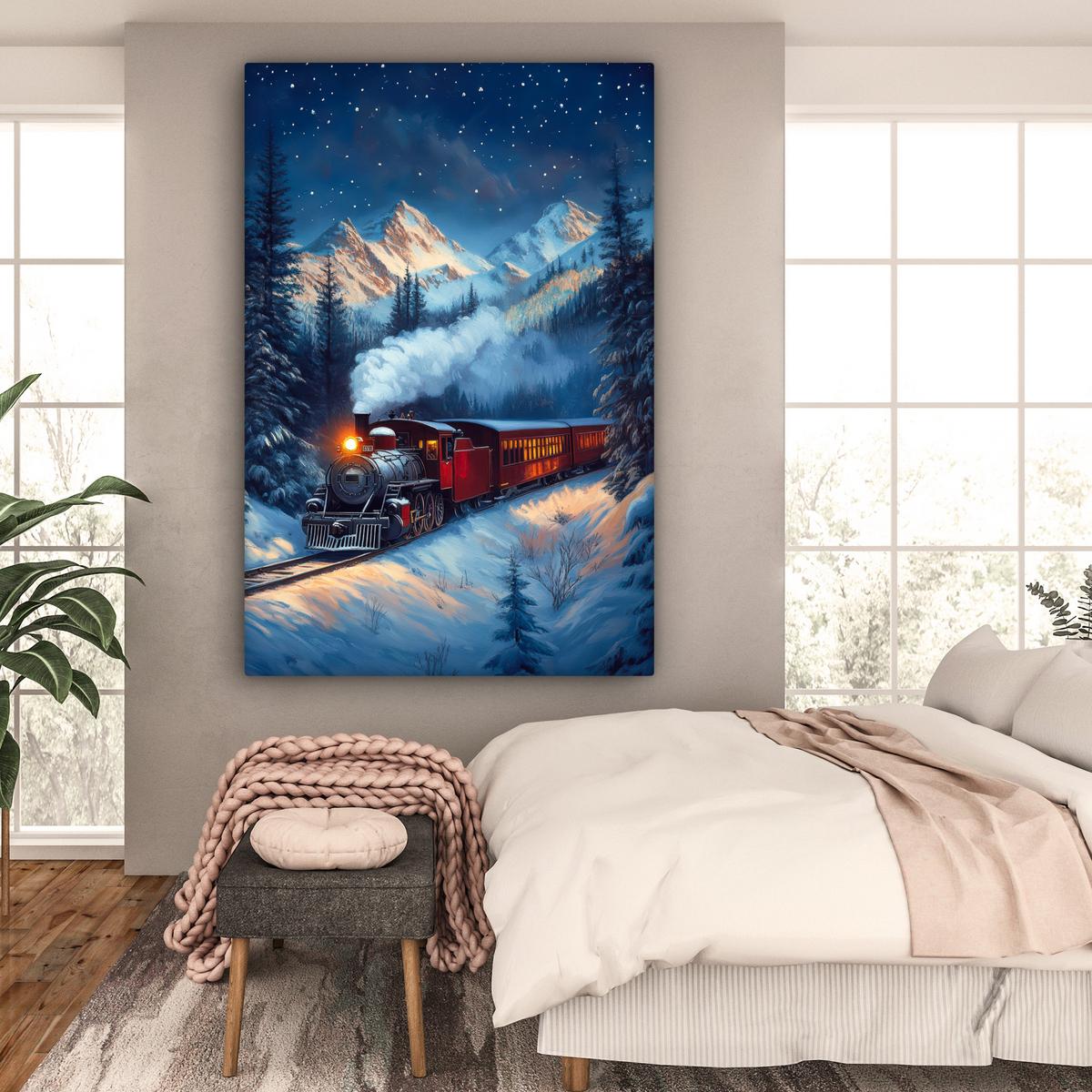 LEINWANDBILD Zug - Weihnachten - Schnee - Weihnachtszug Deko Groß 90x140 cm - Anthrazit, Textil (90/140cm) - MuchoWow