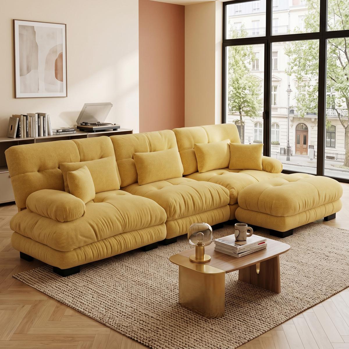 ECKSOFA Modulares 313cm Chenille Cloud-Sofa mit Ottoman für das Wohnzimmer - Gelb, Textil (313/145cm) - Urban Meuble