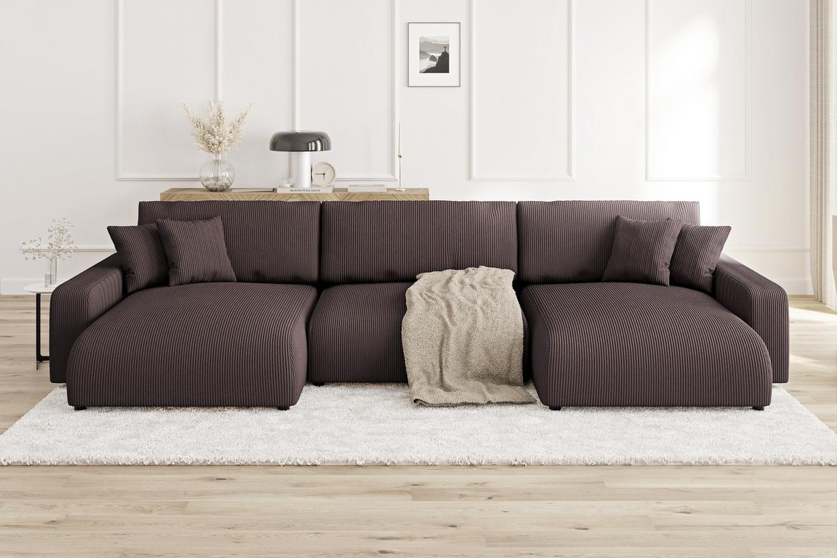 WOHNLANDSCHAFT Emma Dunkelbraun Cord - Dunkelbraun/Schwarz, Holz/Kunststoff (332/78/170cm) - S-Style Möbel