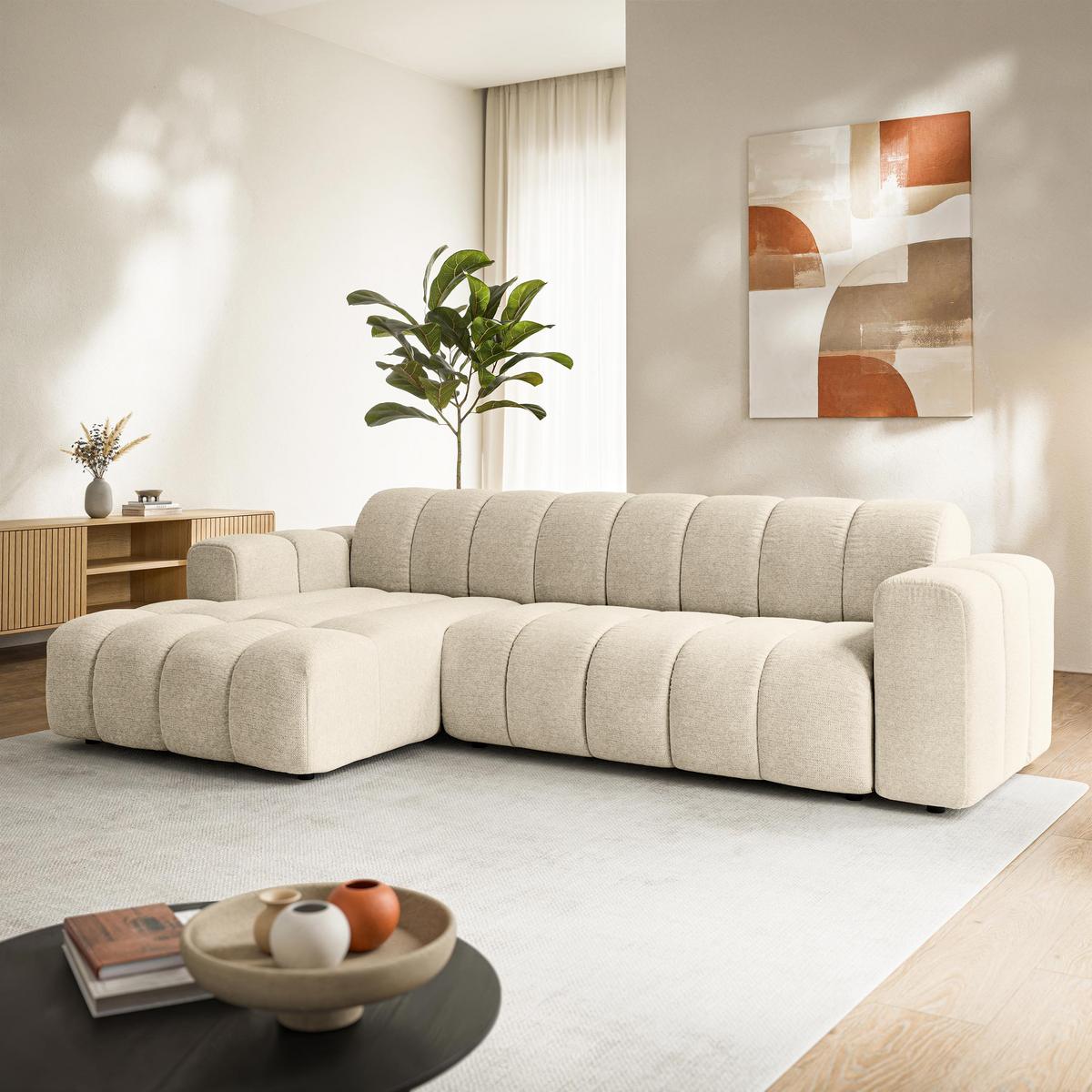 ECKSOFA SETIA Creme Strukturstoff mit Schlaffunktion - Creme, Holz (304/165cm) - MASSENO