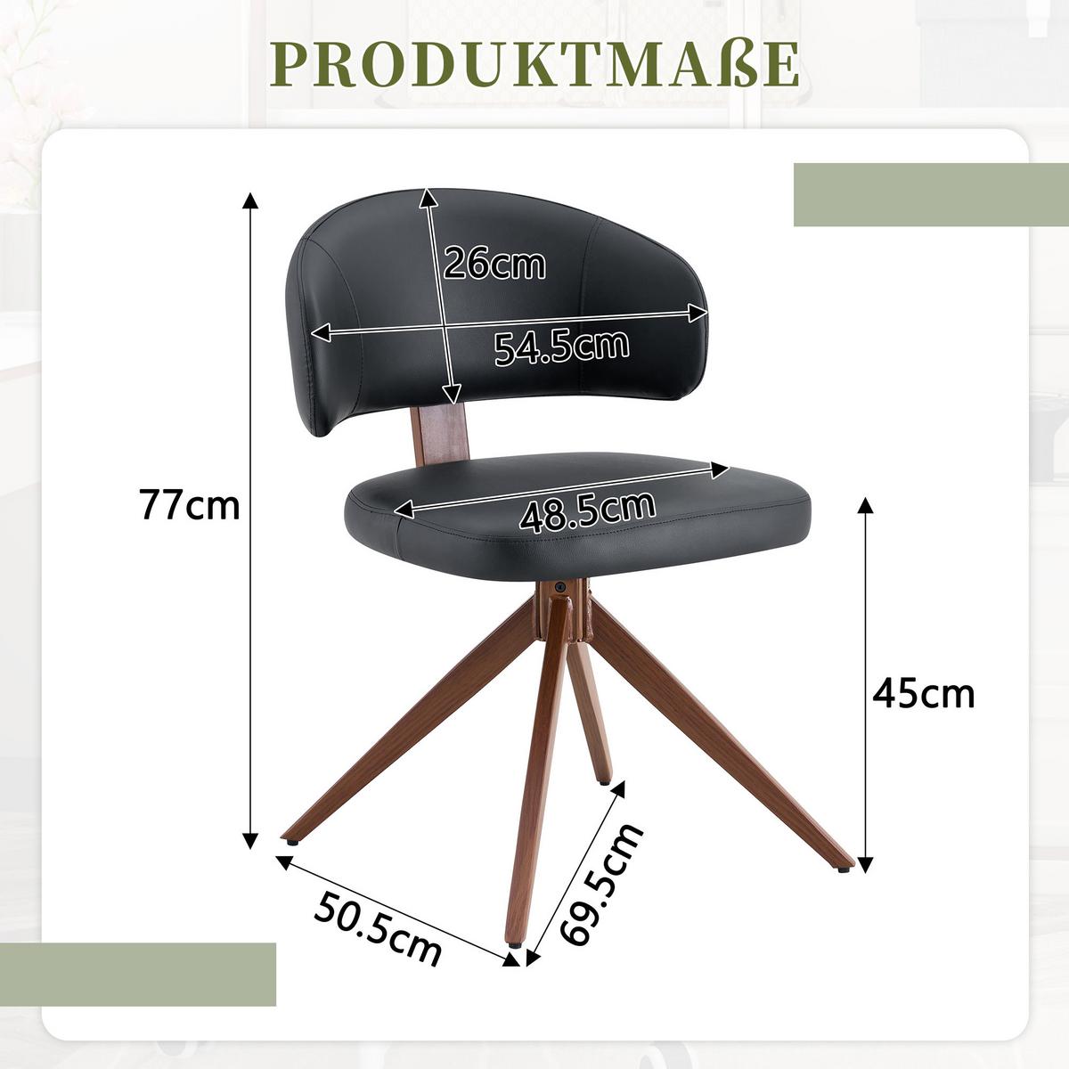 ESSZIMMERSTUHL Drehbar Schwarz PU-Leder mit Polsterung & Metallgestell - Schwarz, Leder (54.5/77/50.5cm) - Urban Meuble