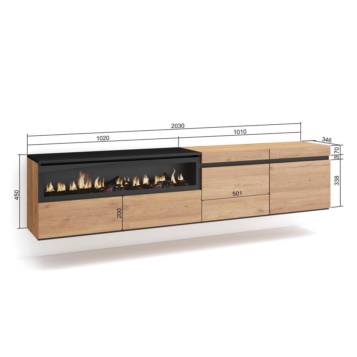 LOWBOARD mit Elektrokamin, Hängend, Eiche, Schwarz, 200/35/45cm - Eichefarben, Holzwerkstoff (200/45/35cm) - Skraut Home