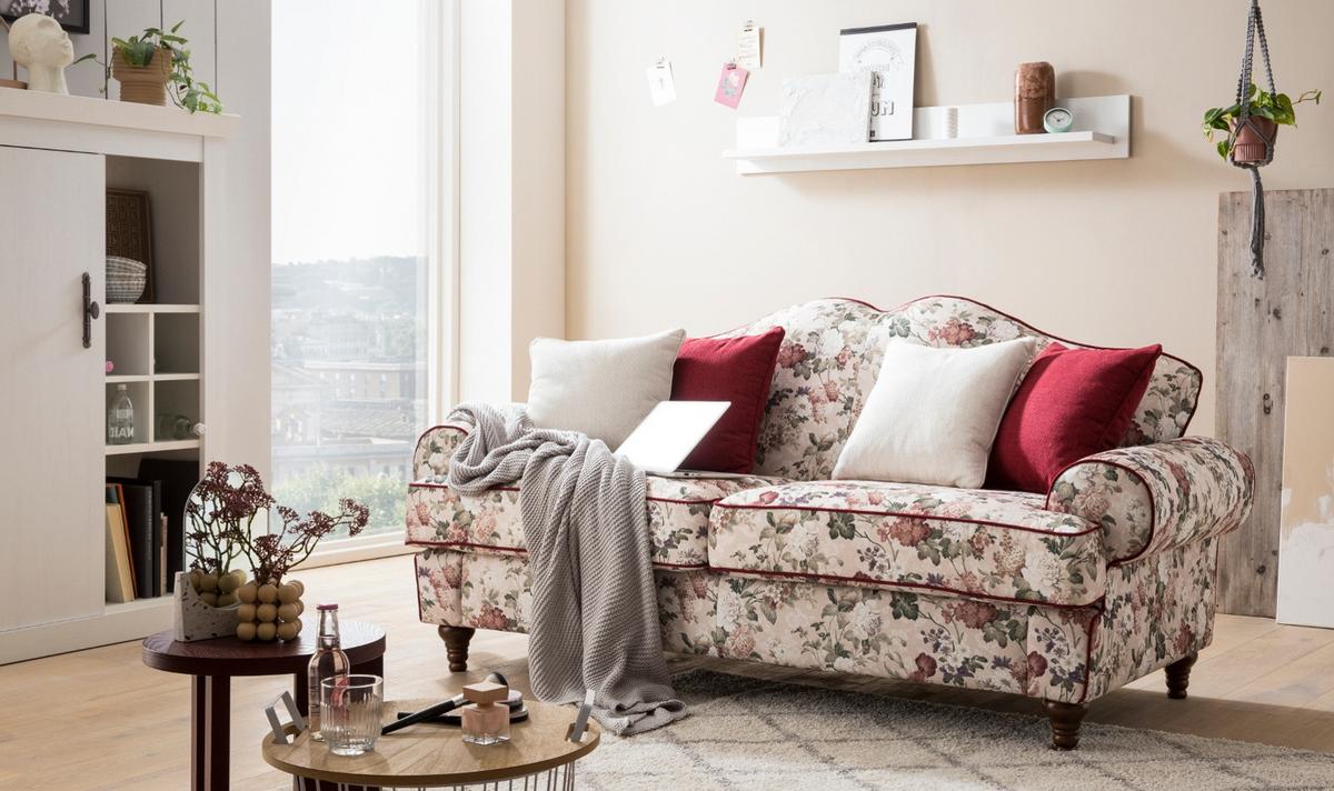 SOFA 3-SITZER creme Landhaus, Blumen Design, Couch 200 cm - Rot/Multicolor, Holz/Textil (200/96/90cm) - Furn.Design
