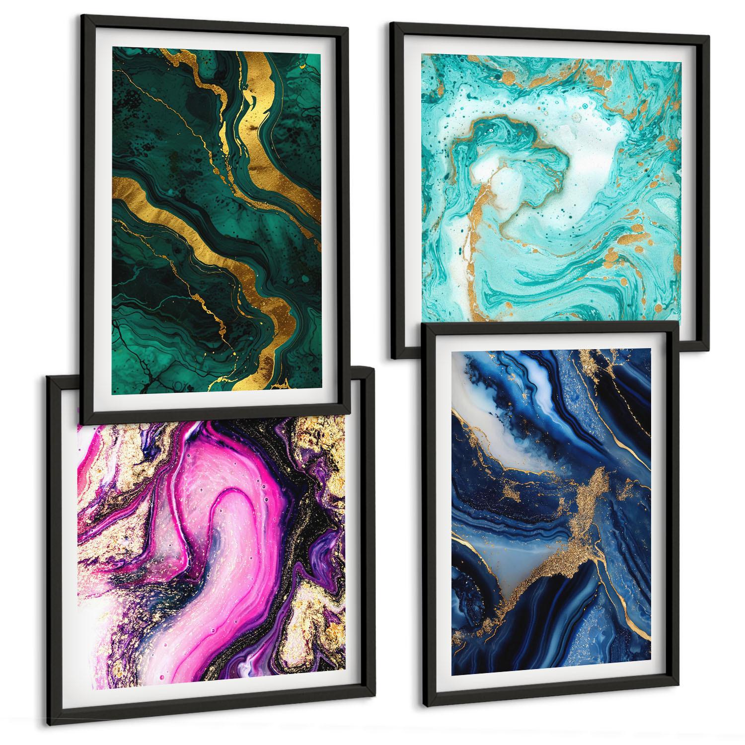 BILDER SET 4er Set - 50x50 cm & 40x60 cm Schwarzer Rahmen - Abstrakte Muster in Rosa, Grün und Blau - Schwarz, Kunststoff (50/50cm) - TULUP