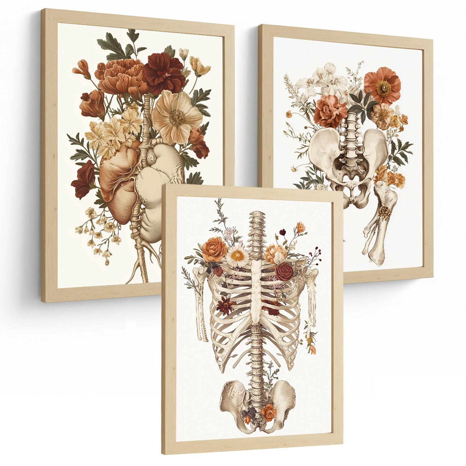 POSTER Set aus 3 Anatomie Mensch Florale Vintage Drucke und Wandbilder mit Herz Brustkorb und Becken Wanddekoration Größe Leichter Holzrahmen A3 - Beige, Papier (29.7/42/3cm) - Nacnic