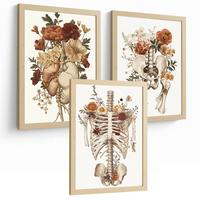 POSTER Set aus 3 Anatomie Mensch Florale Vintage Drucke und Wandbilder mit Herz Brustkorb und Becken Wanddekoration Größe Leichter Holzrahmen A3 - Beige, Papier (29.7/42/3cm) - Nacnic