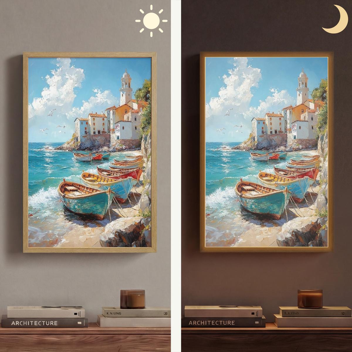 WANDLEUCHTE MIT AKKU Boote - Felsen - Meer - Sonne 40x60 cm - Blau, Holzwerkstoff (40/60/8cm) - OnlyWow