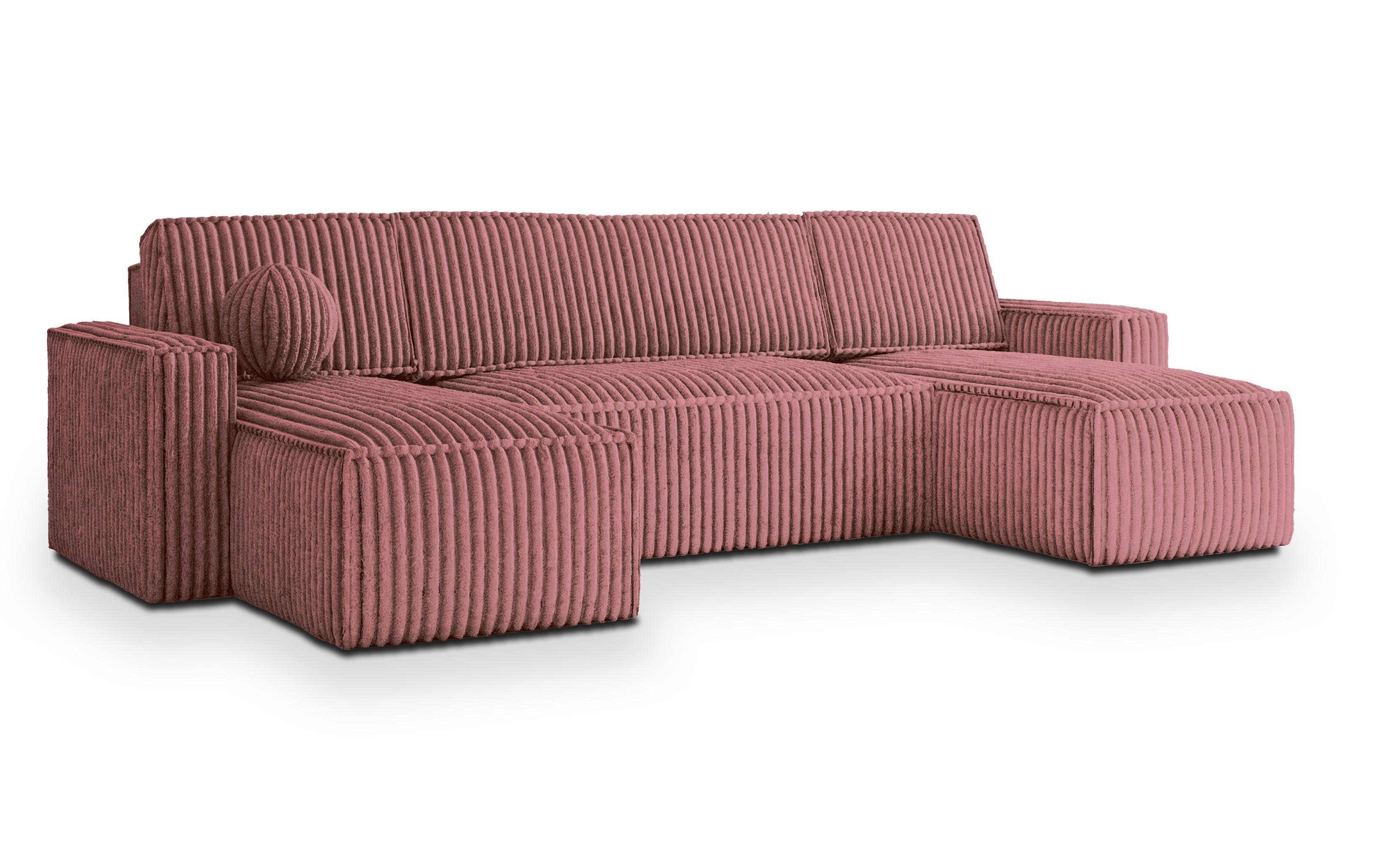 WOHNLANDSCHAFT PESANO T Rosa Kordstoff mit Schlaffunktion - Rosa/Grau, Holz/Kunststoff (306/85/140cm) - MASSENO