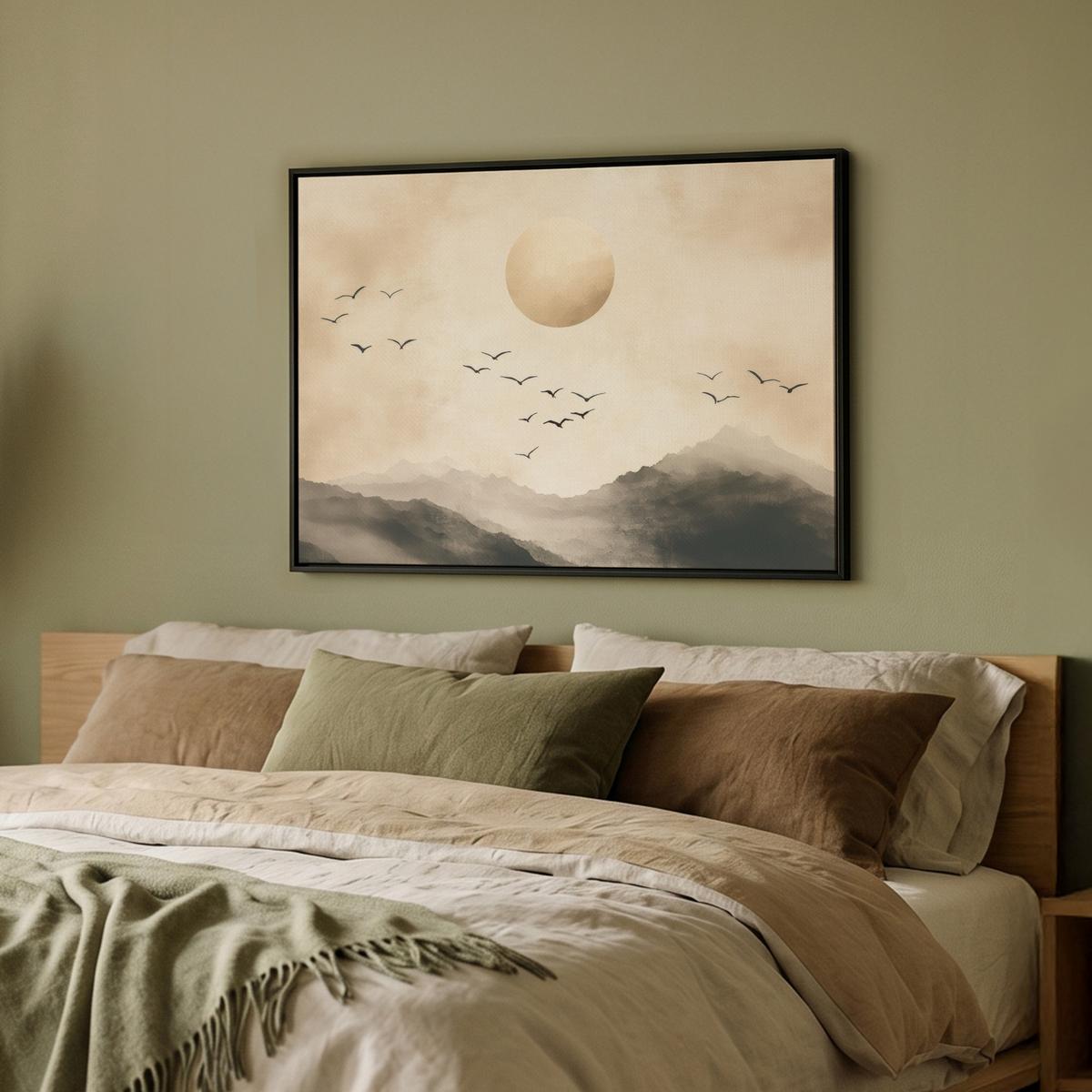 LEINWAND Bilder mit Rahmen - Landschaft - Japandi - Vogel - 80x60 - Beige, Textil (80/60cm) - MuchoWow