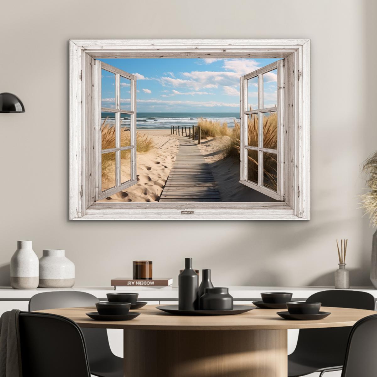 METALLBILD Fenster - Meer - Küste - Natur - Ausblick - Strand - Wattenmeer 80x60 cm - Beige, Metall (80/60cm) - MuchoWow
