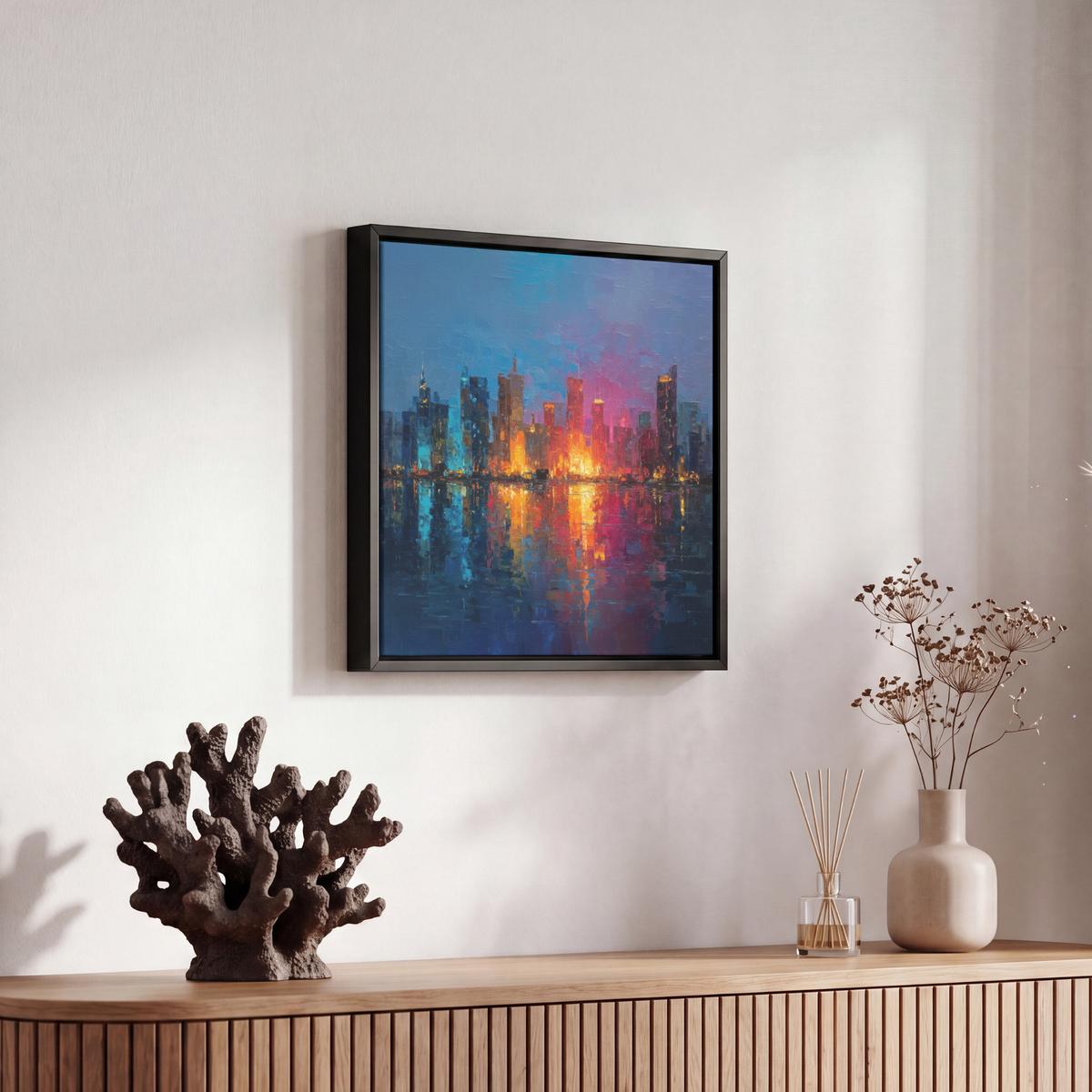 LEINWAND Bilder mit Rahmen - Skyline - Pinselstriche - Dunkelblau - Leuchtend - 20x20 - Blau, Textil (20/20cm) - MuchoWow