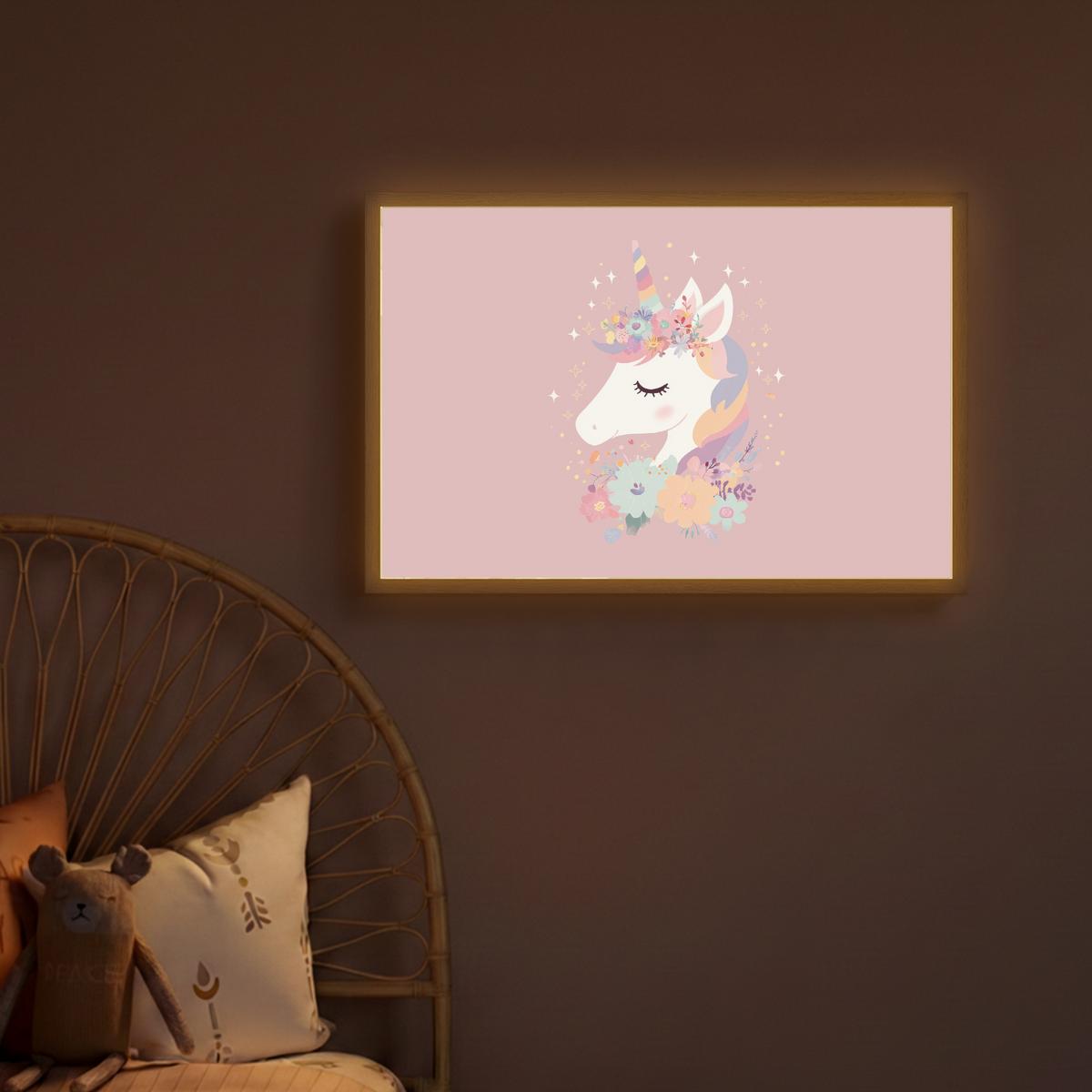 NACHTTISCHLAMPE MIT AKKU Einhorn - Rosa - Blumen 60x40 cm - Rosa, Holzwerkstoff (8/60/40cm) - OnlyWow