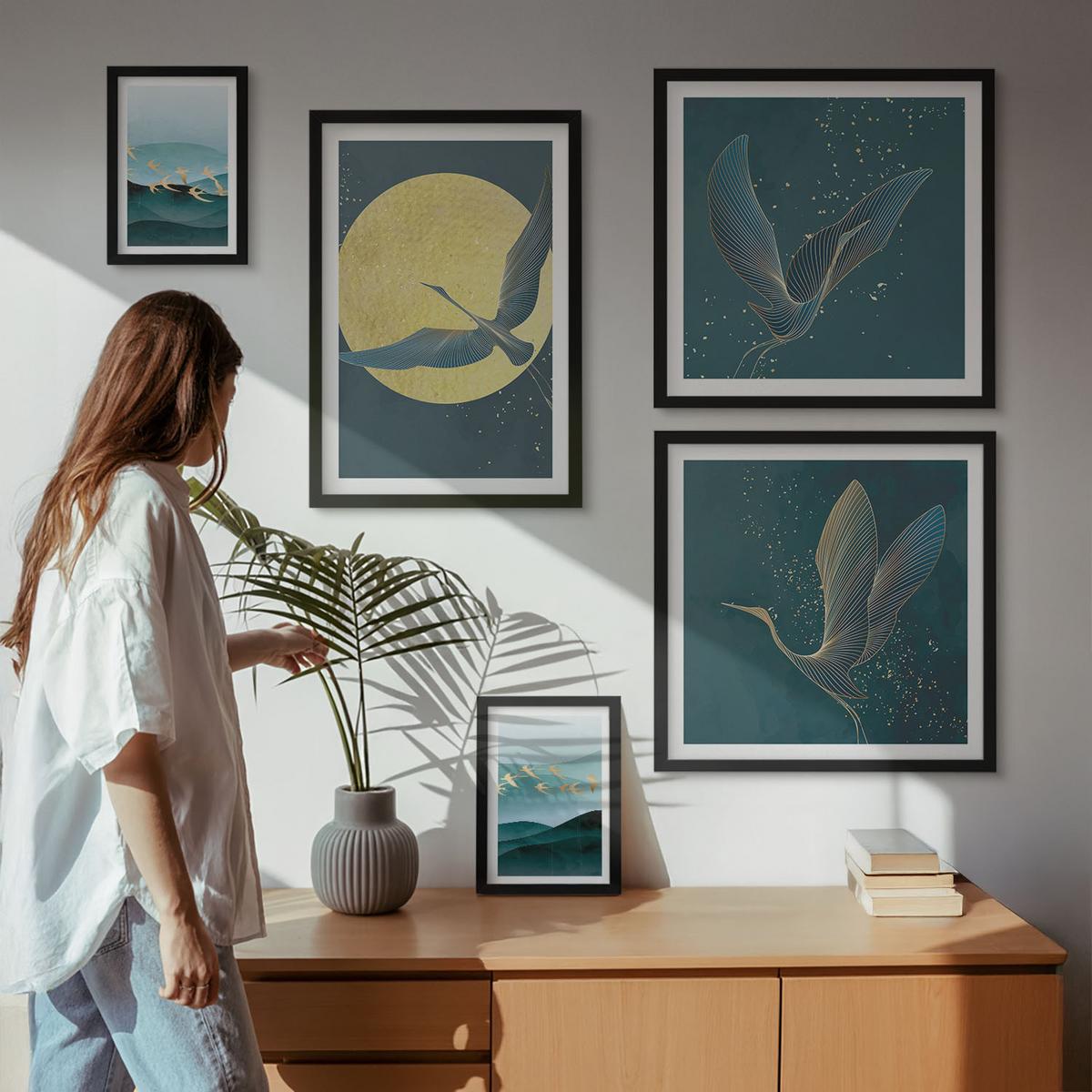 BILDER SET 5er Set - 50x50 cm & 20x30 cm & 40x60 cm Schwarzer Rahmen - Abstrakte Landschaften von Vogelwellen - Schwarz, Kunststoff (40/60cm) - TULUP