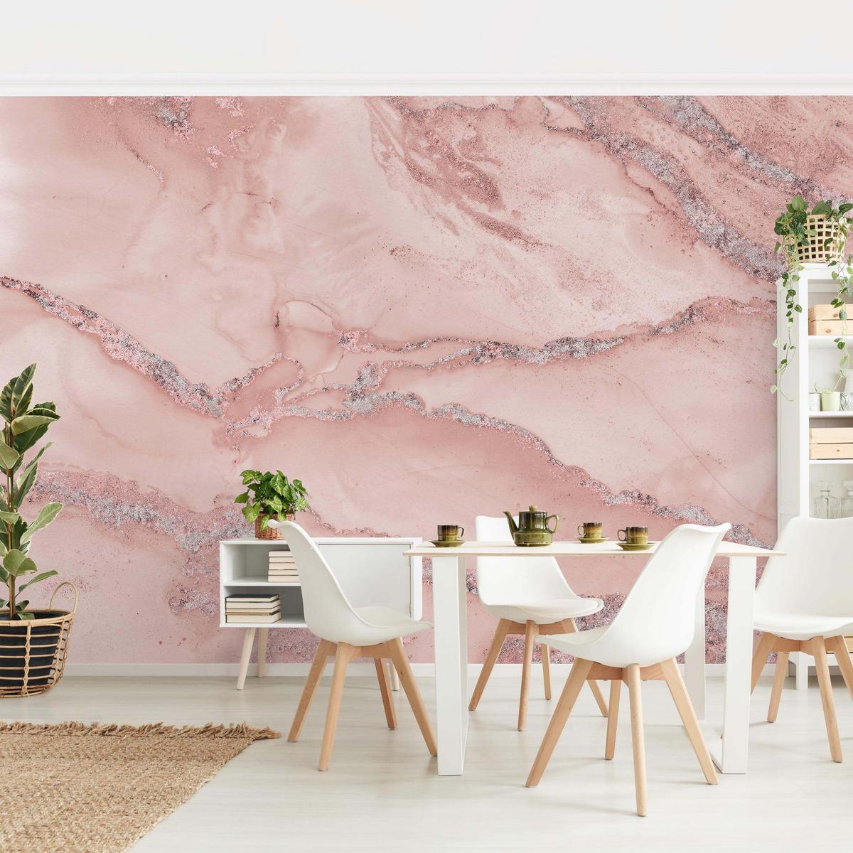 FOTOTAPETE Farbexperimente Marmor Rose und Glitzer 336/225 cm - Rosa, Papier (336/225cm) - Bilderwelten