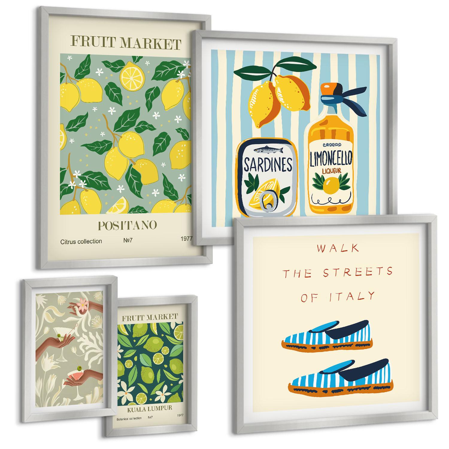 BILDER SET 5er Set - 50x50 cm & 20x30 cm & 40x60 cm Silberner Rahmen - Zitrusfrüchte der italienischen Tropen - Silberfarben, Kunststoff (40/60cm) - TULUP