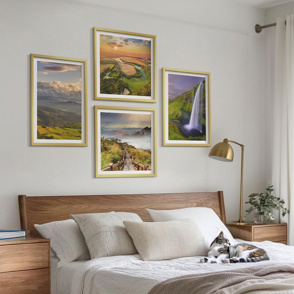 BILDER SET 4er Set - 50x50 cm & 40x60 cm Goldrahmen - Ausblicke auf Berge, Flüsse und Wasserfälle - Goldfarben, Kunststoff (50/50cm) - TULUP