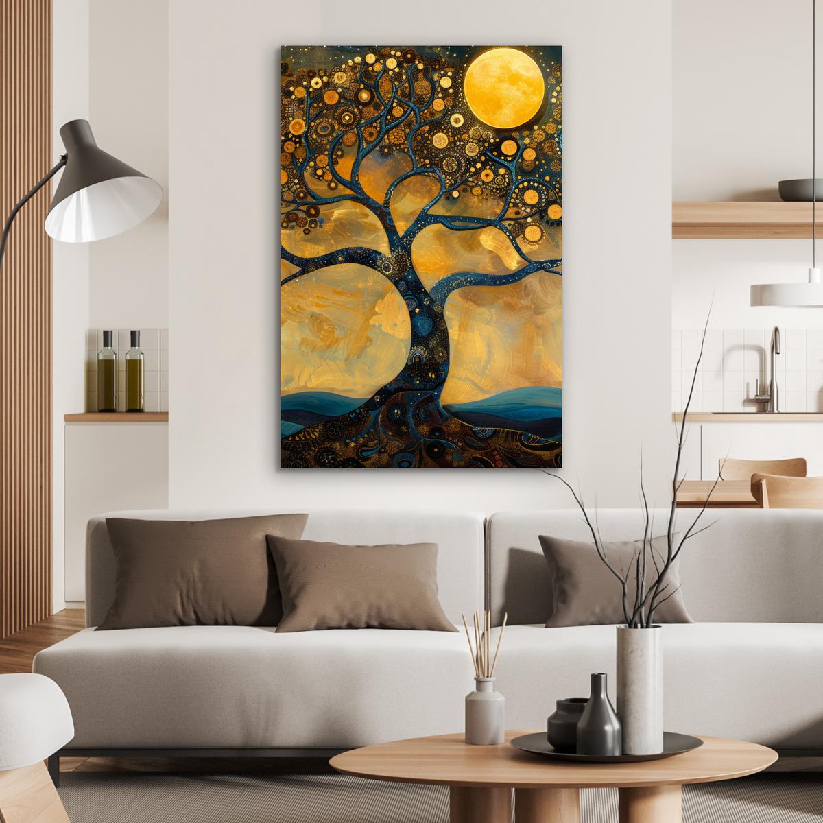 METALLBILD Baum - Mond - Blumen - Gold - Kunst 80x120 cm - Orange, Metall (80/120cm) - MuchoWow