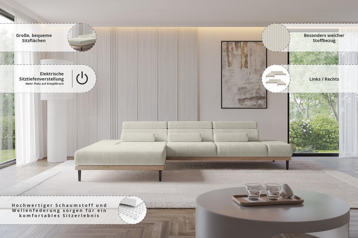 ELEKTRISCHES ECKSOFA Links MONA 316x205x85 Creme Cord - Ecru/Creme, Holzwerkstoff/Textil (316/205cm) - ALTDECOR