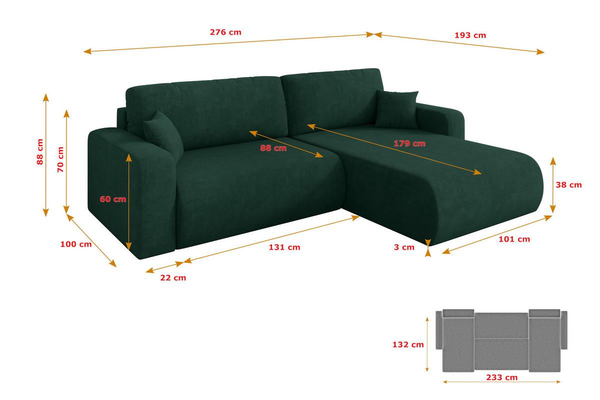 ECKSOFA mit Schlaffunktion Ottomane Rechts BERY-L 276x193x88 Grün Velours - Schwarz/Grün, Holzwerkstoff/Kunststoff (276/193cm) - ALTDECOR