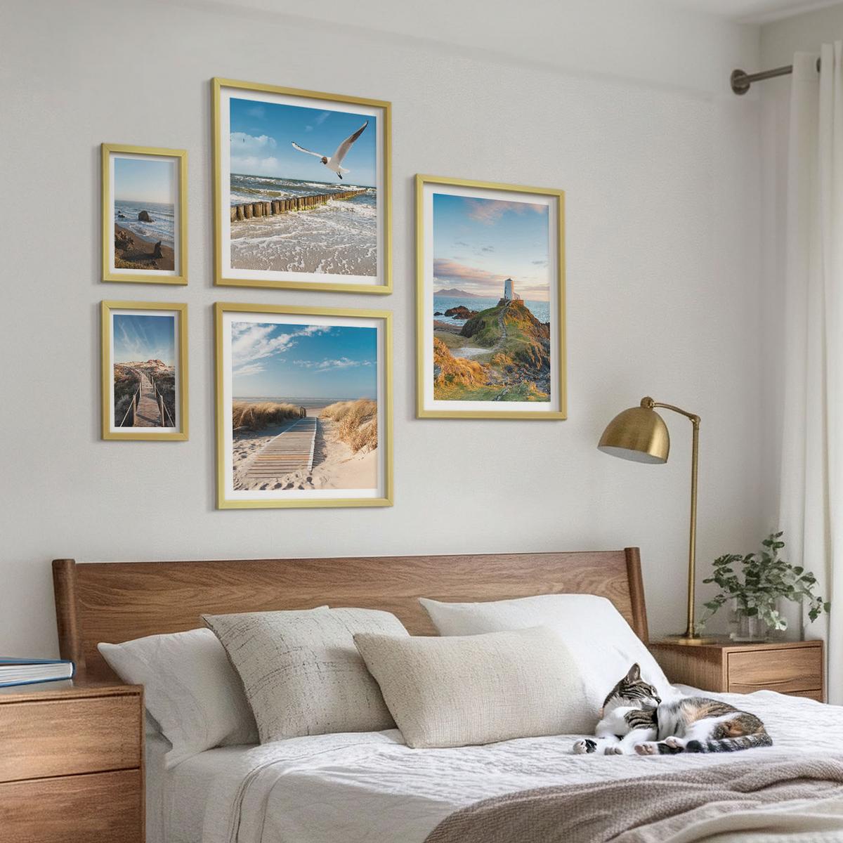 BILDER SET 5er Set - 50x50 cm & 20x30 cm & 40x60 cm Goldrahmen - Palmen am Meer, blaues Wasser - Goldfarben, Kunststoff (40/60cm) - TULUP