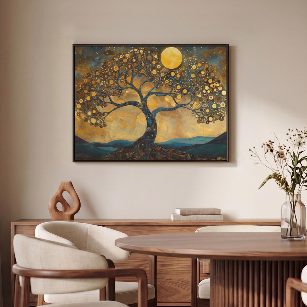 LEINWAND Bilder mit Rahmen - Baum - Mond - Blumen - Gold - Kunst - 80x60 - Orange, Textil (80/60cm) - MuchoWow