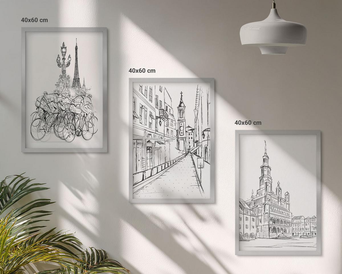 BILDER SET 3er Set - 40x60 cm Silberner Rahmen - Einfache Zeichnungen von Stadtlandschaften - Silberfarben, Kunststoff (40/60cm) - TULUP