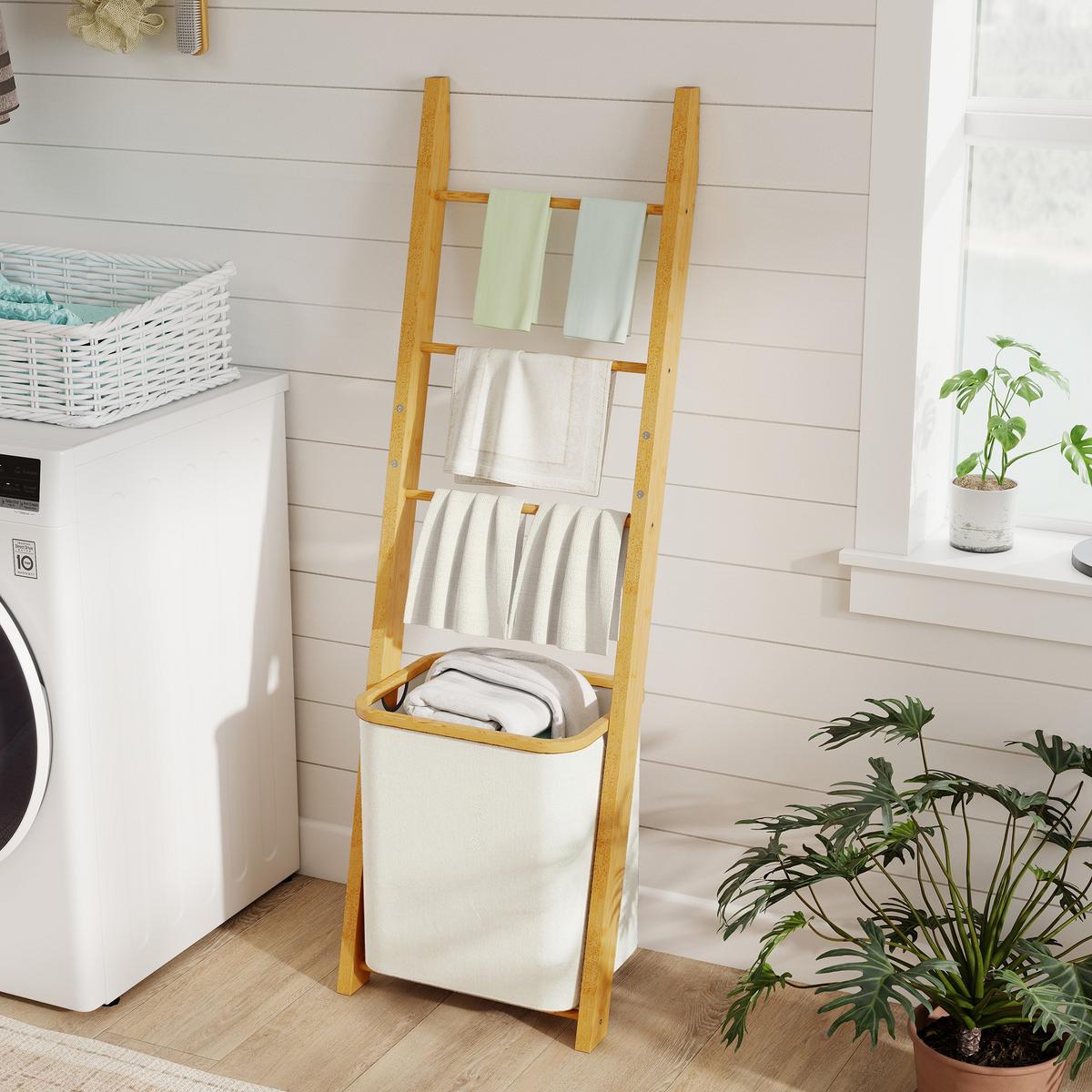 BADEZIMMER-REGAL Bambus Polyester Cremeweiß - Creme, Holz (35/133/43cm) - HOMCOM