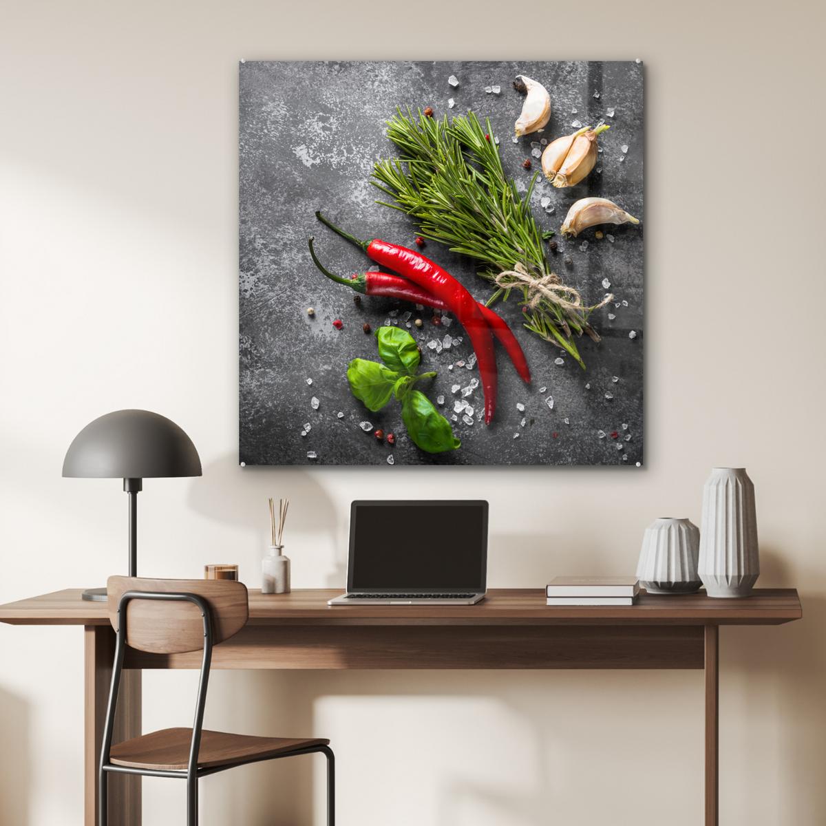ACRYLGLASBILD Pfeffer - Kräuter - Gewürze - Beton 90x90 cm - Dunkelgrau, Glas (90/90cm) - MuchoWow