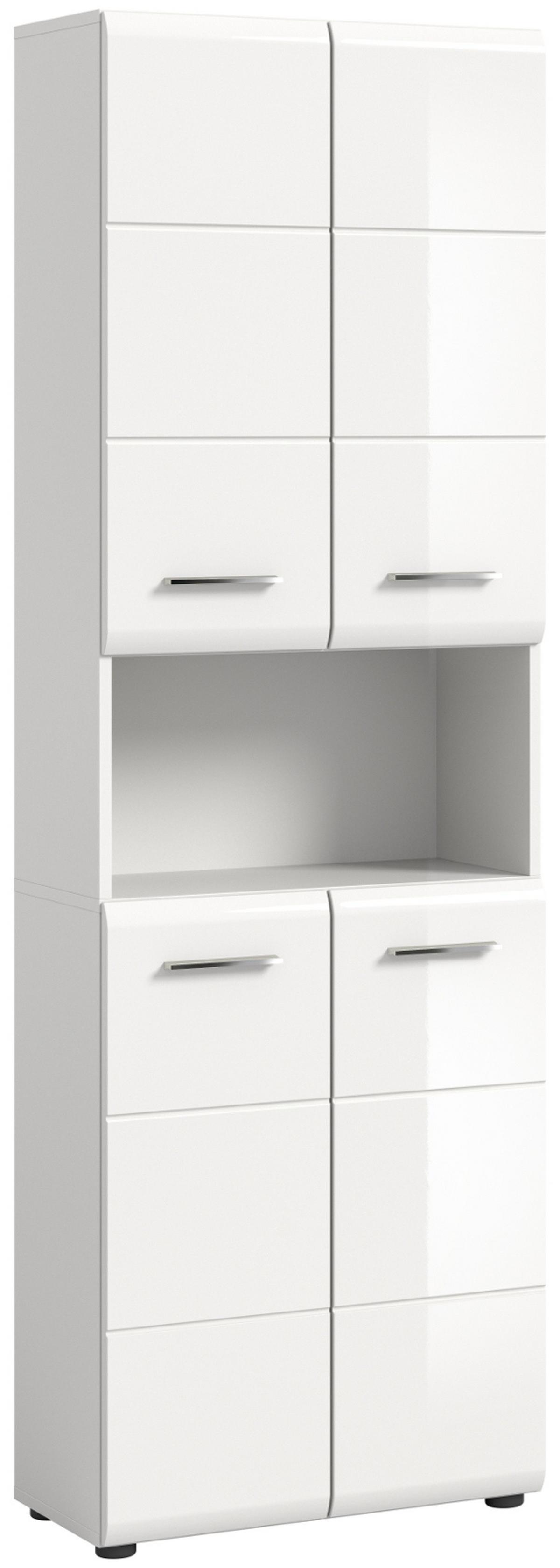 HOCHSCHRANK weiß Hochglanz, 4-türiger Badschrank 60 x 185 cm mit viel Stauraum - Weiß Hochglanz/Silberfarben, Holzwerkstoff/Kunststoff (60/185/30cm) - Inn.Furn