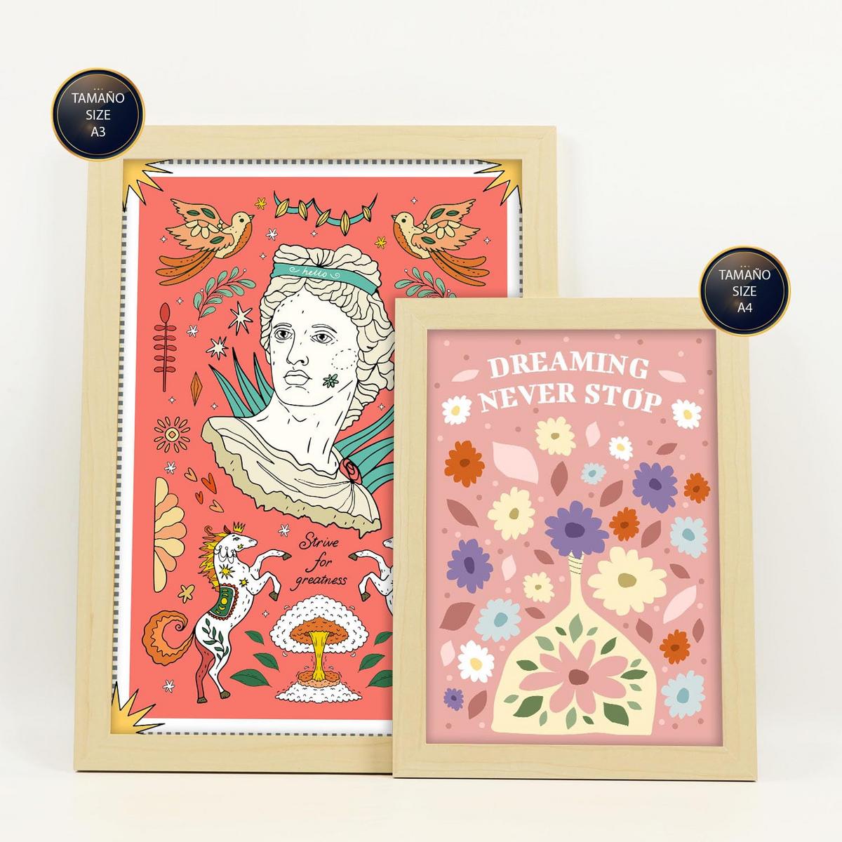 POSTER Set Mit 6 Drucken Von Pink In Brilliant Groovy Style Postersammlung Dekorative Rahmen Für Zuhause Wandkunstdruck A3 & A4 Rahmen Aus Hellem Holz - Beige, Papier (29/3cm) - Nacnic