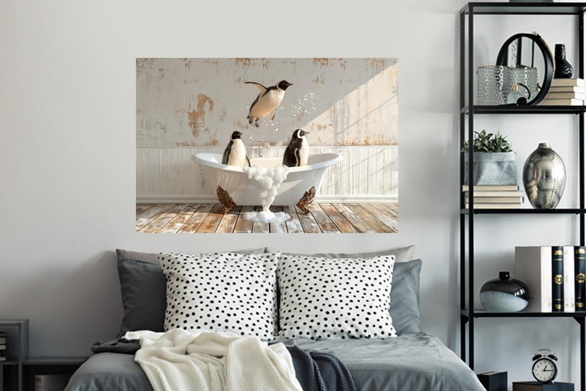 WANDTATTOO Vintage - Pinguin - Badewanne - Schaumstoff Wandsticker 120x80 cm - Schwarz, Kunststoff (120/80/0.1cm) - MuchoWow